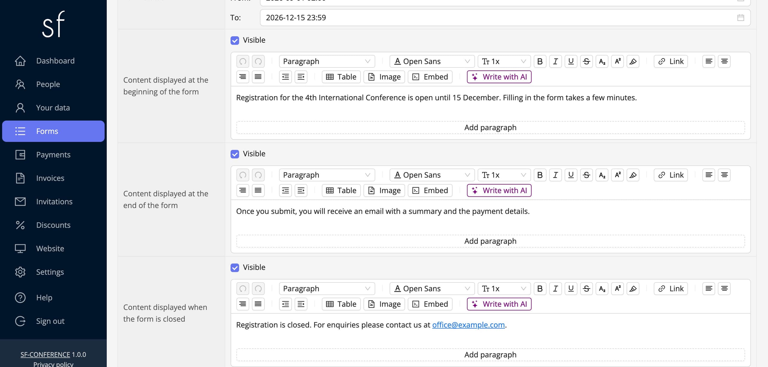 The three editors for the content shown around the form (fictional data)