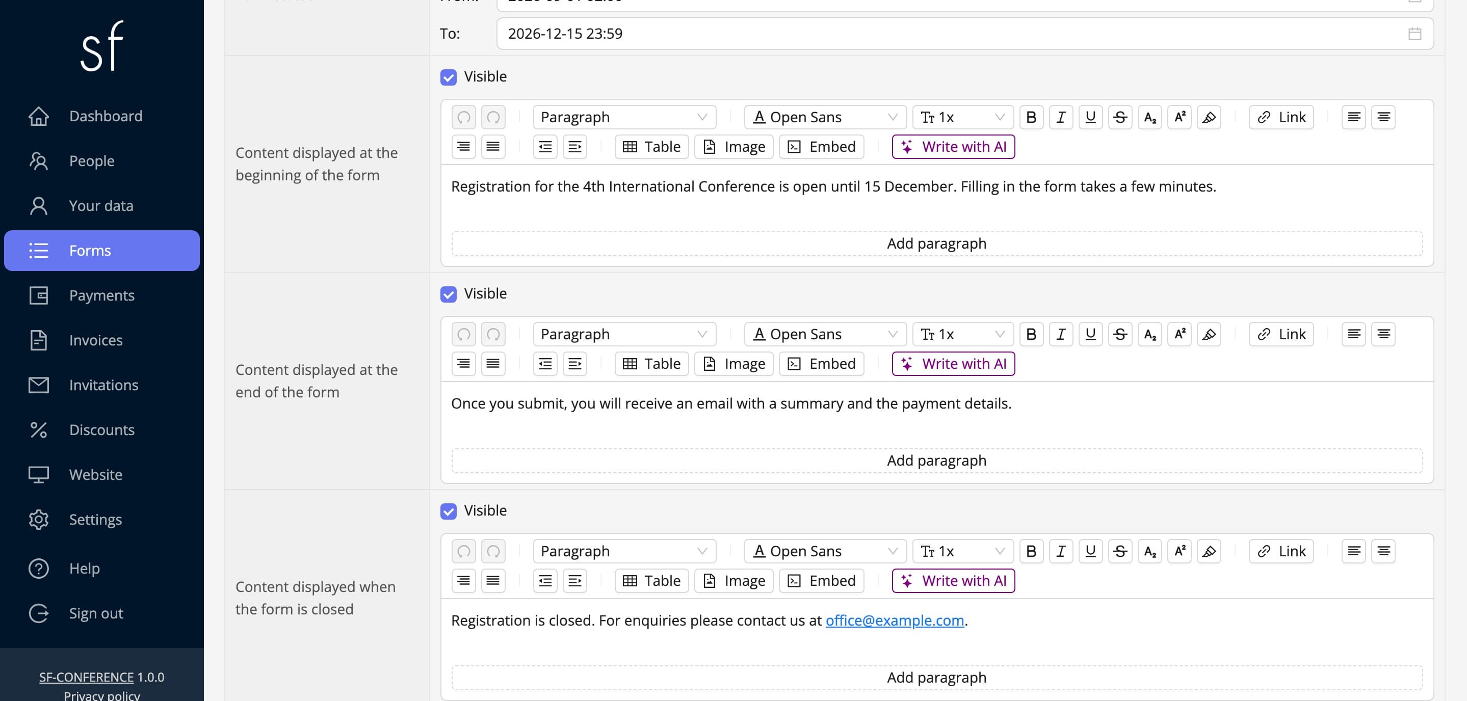 The three editors for the content shown around the form (fictional data)