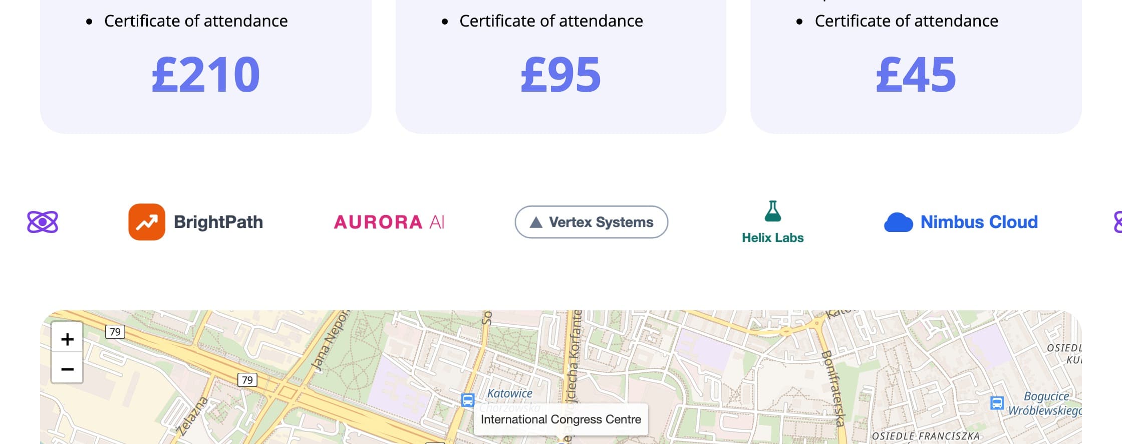 The carousel block in the panel and on the event website (fictional data)