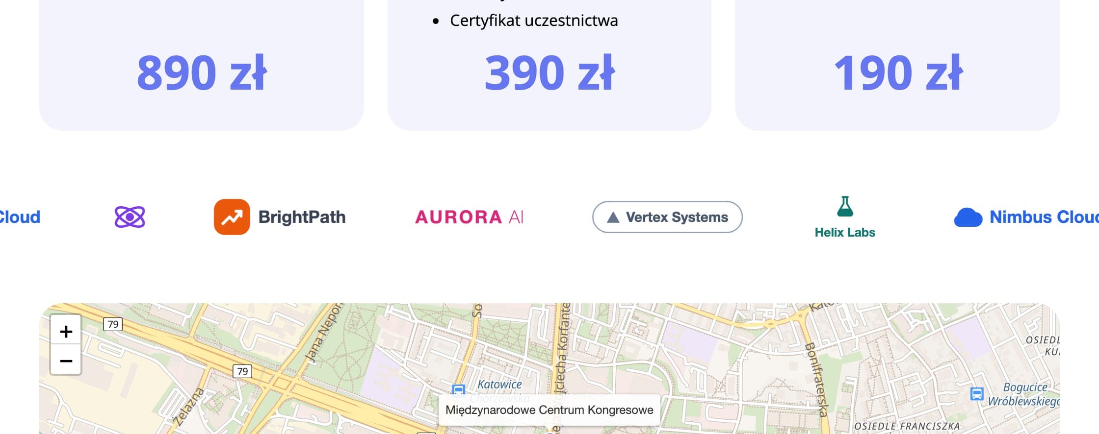 Blok karuzeli w panelu i na stronie wydarzenia (dane fikcyjne)