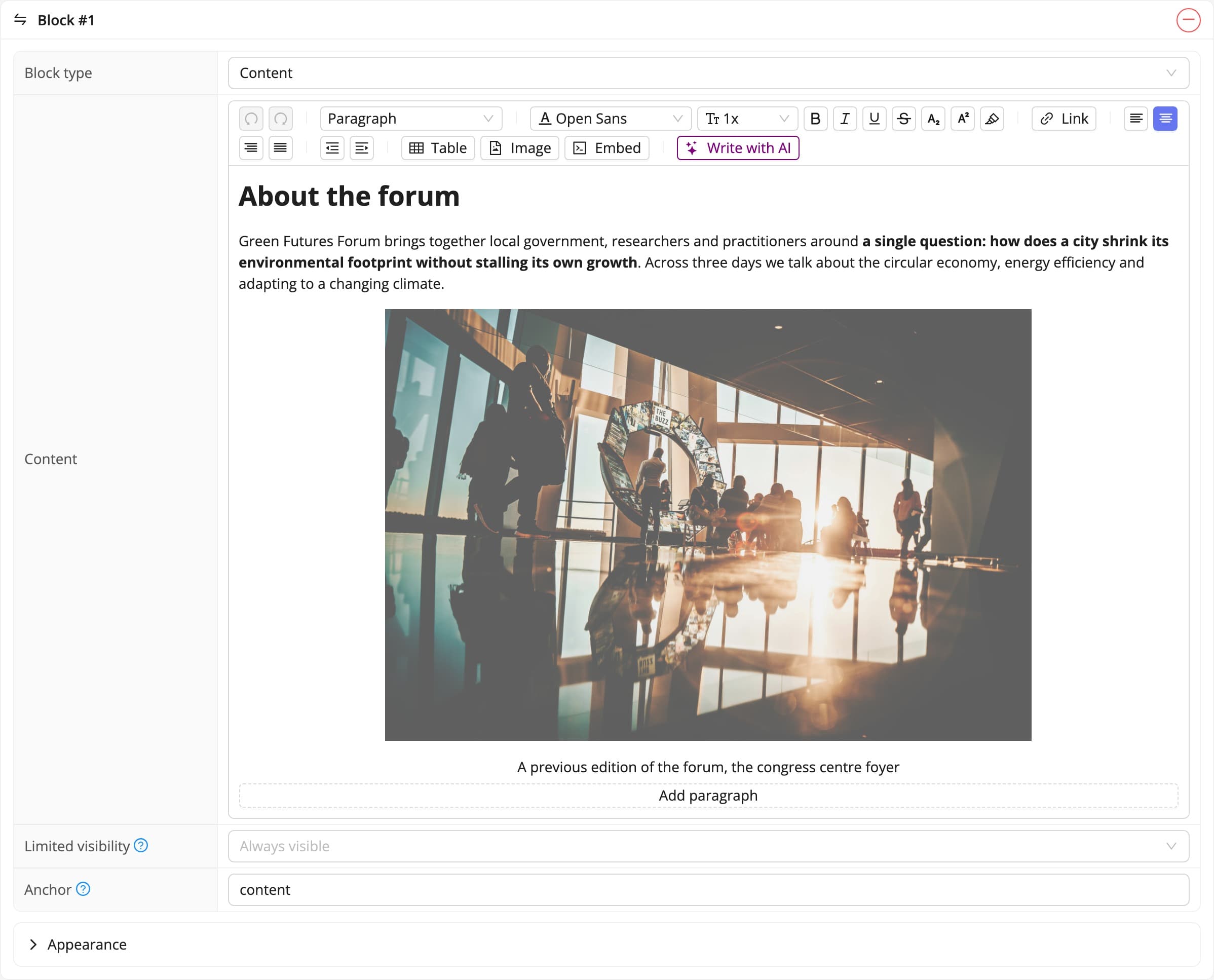 The content block in the panel and on the event website (fictional data)