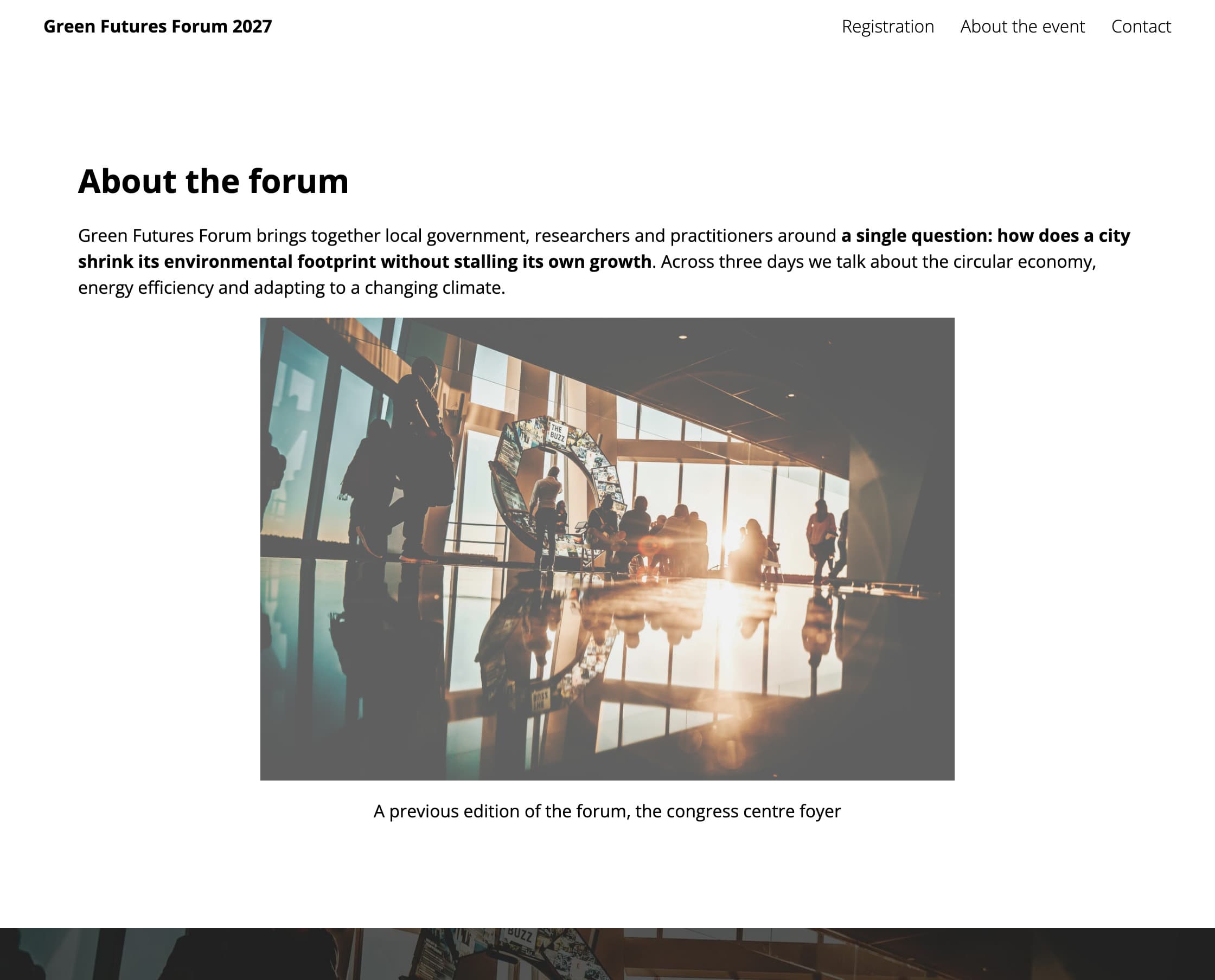 The content block in the panel and on the event website (fictional data)