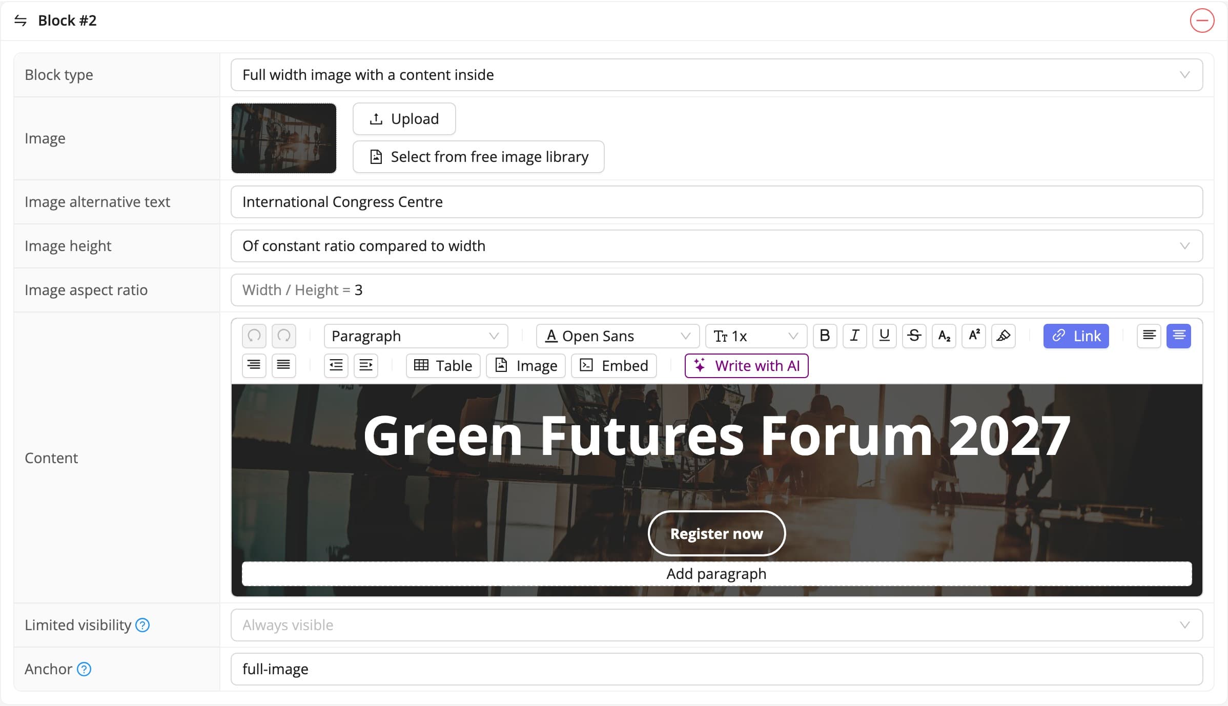 The full width image block in the panel and on the event website (fictional data)