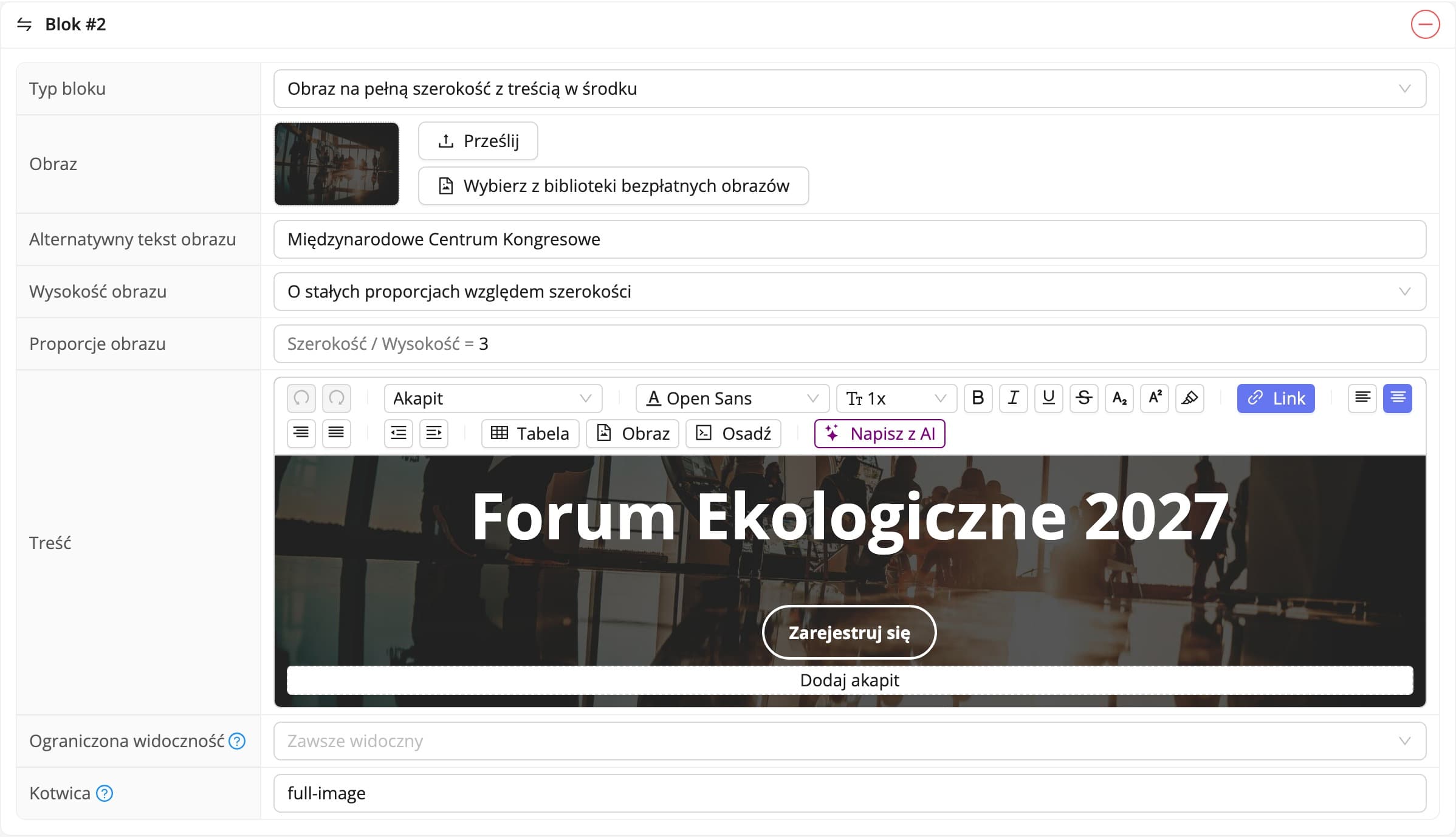 Blok obrazu na pełną szerokość w panelu i na stronie wydarzenia (dane fikcyjne)