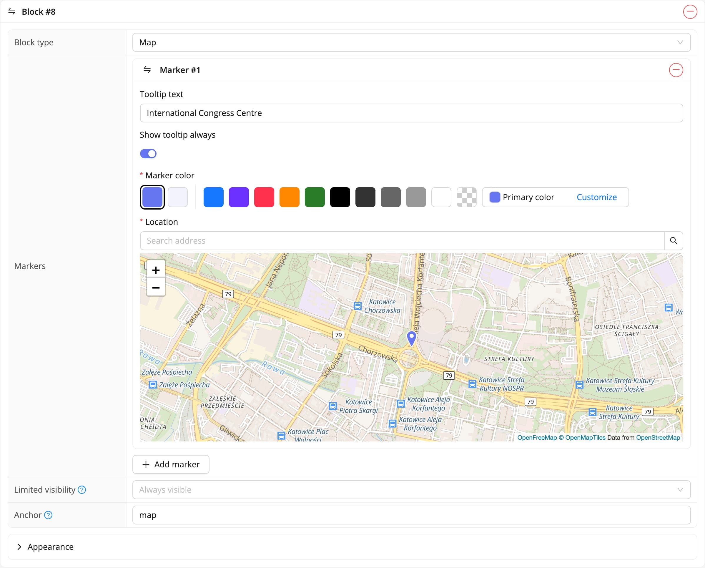 The map block in the panel and on the event website (fictional data)