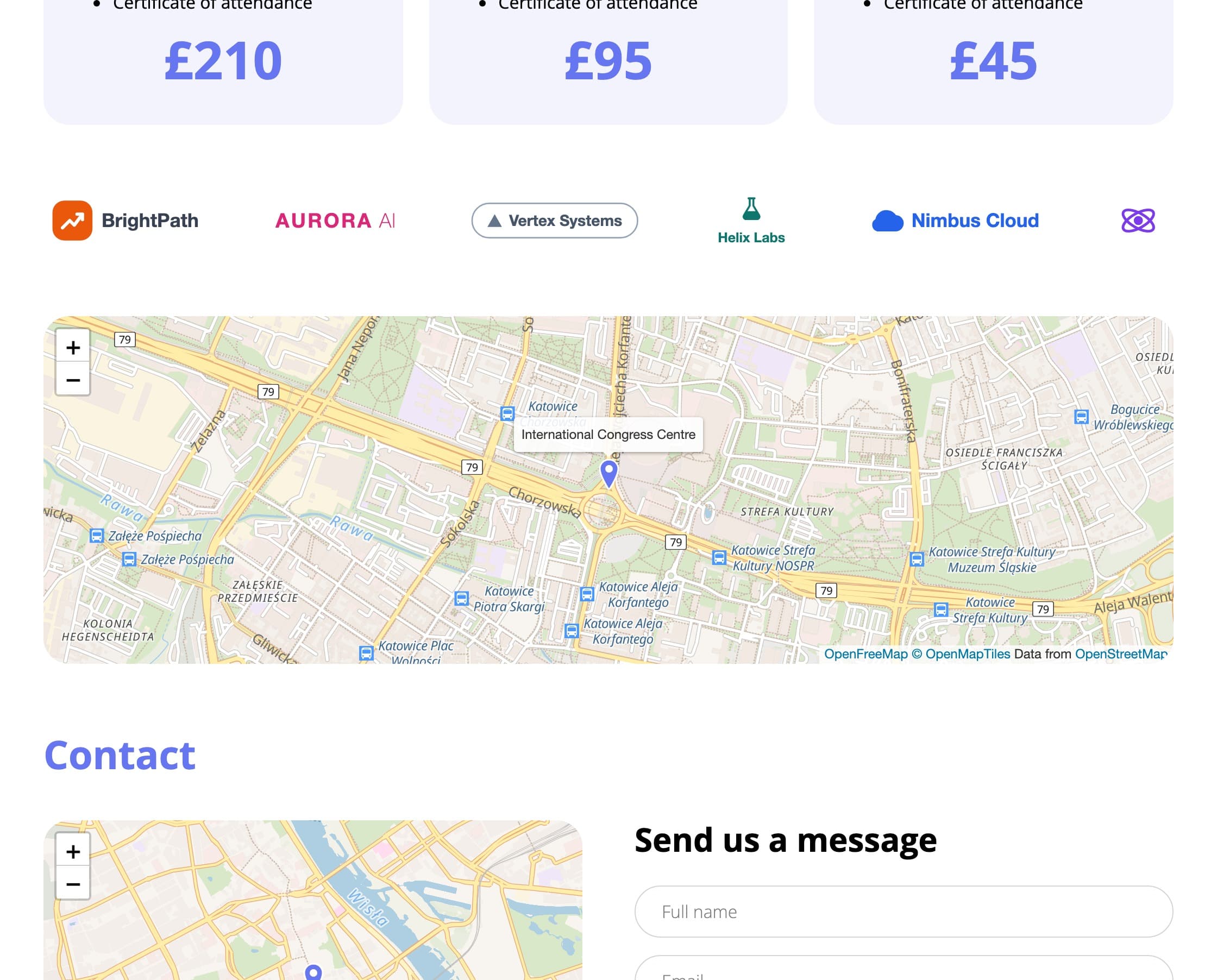 The map block in the panel and on the event website (fictional data)