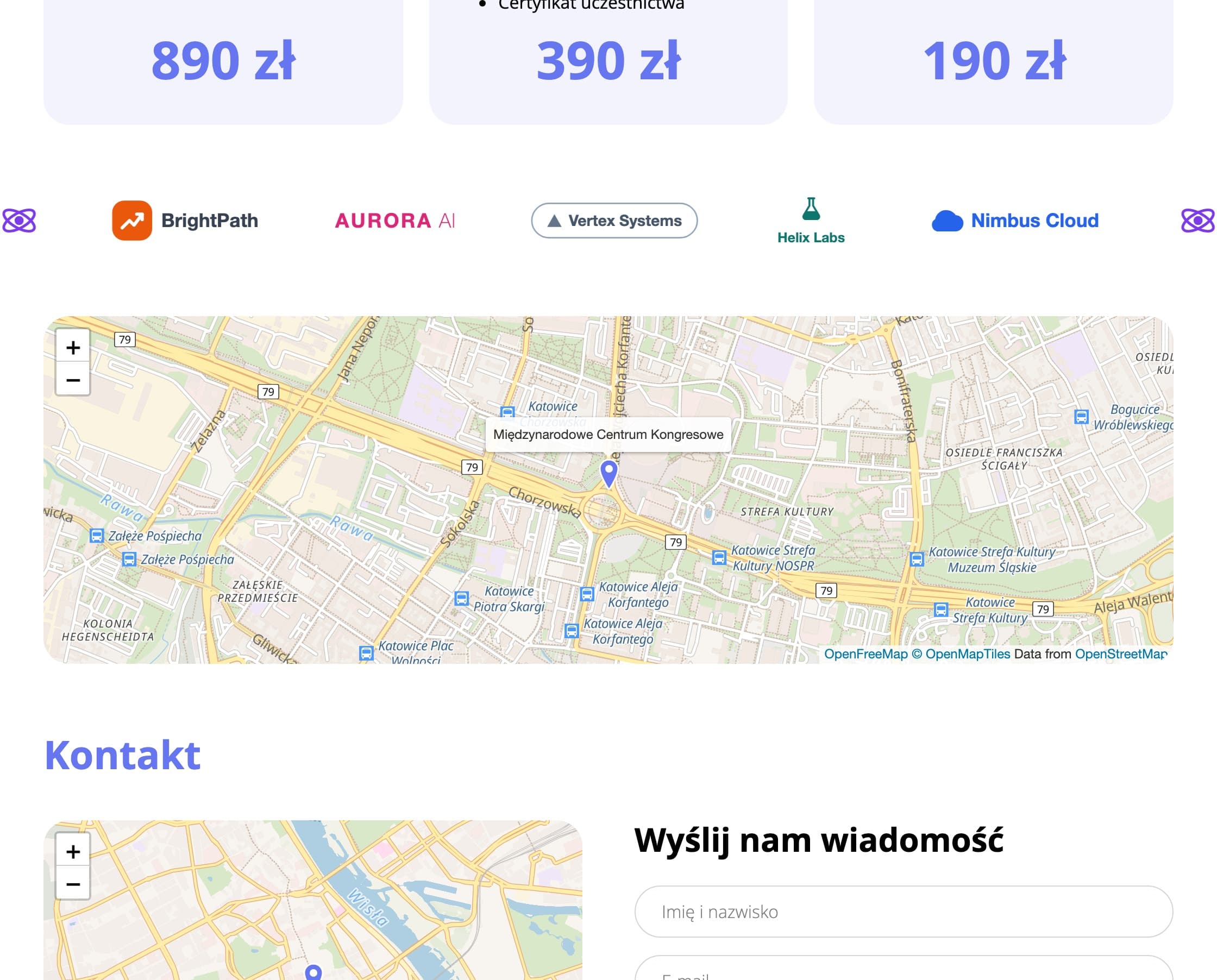 Blok mapy w panelu i na stronie wydarzenia (dane fikcyjne)