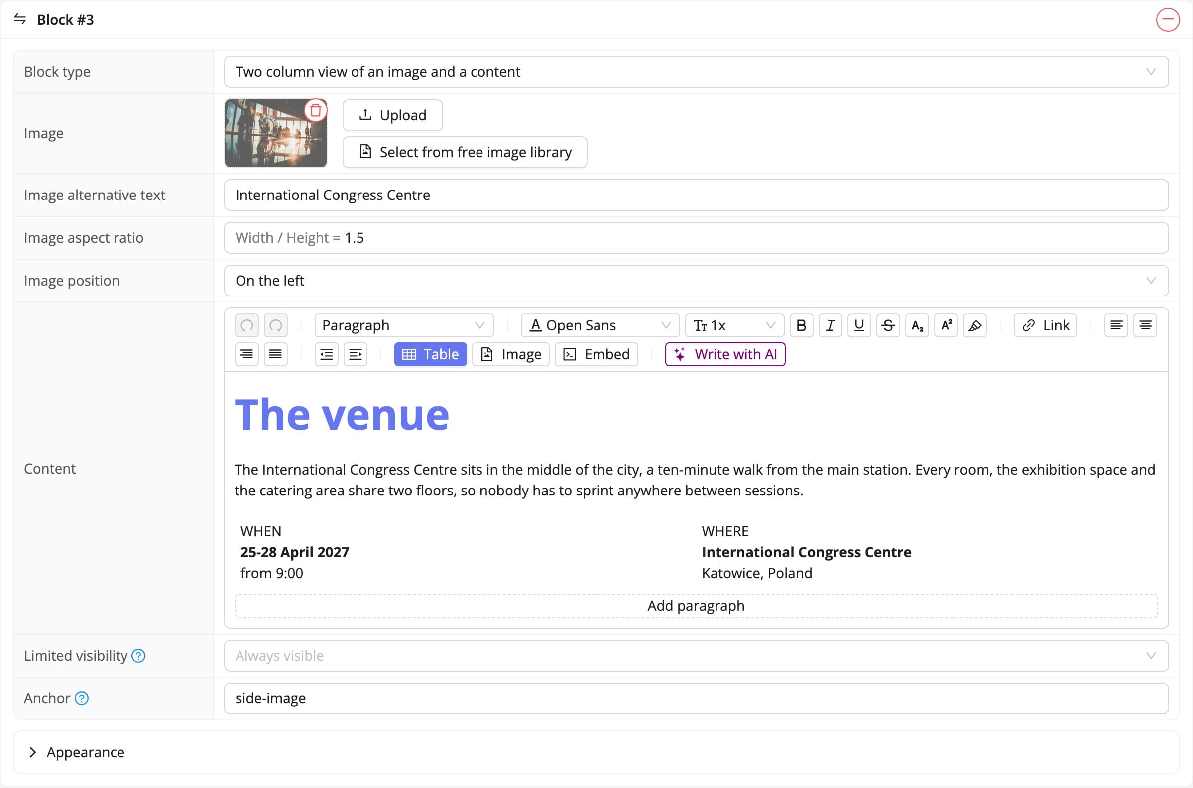 The two column block in the panel and on the event website (fictional data)