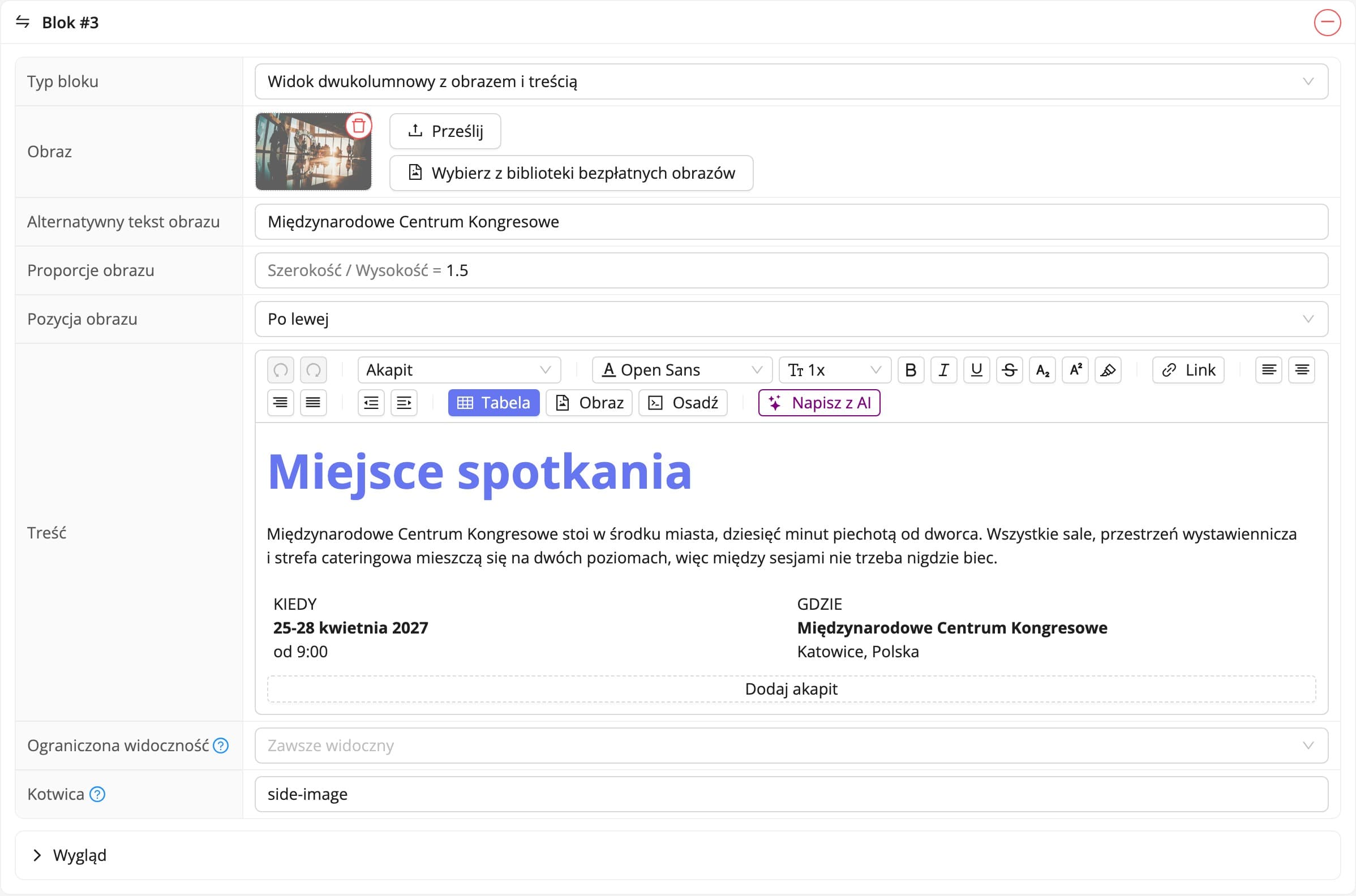 Blok dwukolumnowy w panelu i na stronie wydarzenia (dane fikcyjne)