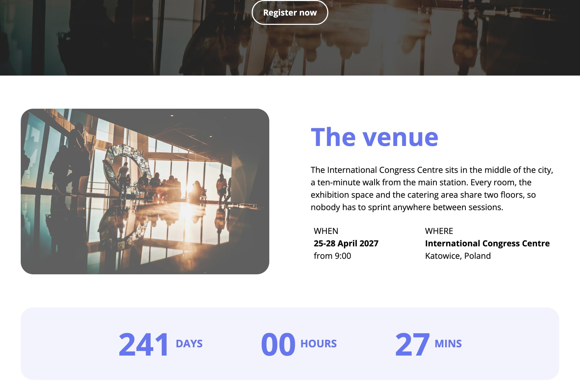 The two column block in the panel and on the event website (fictional data)