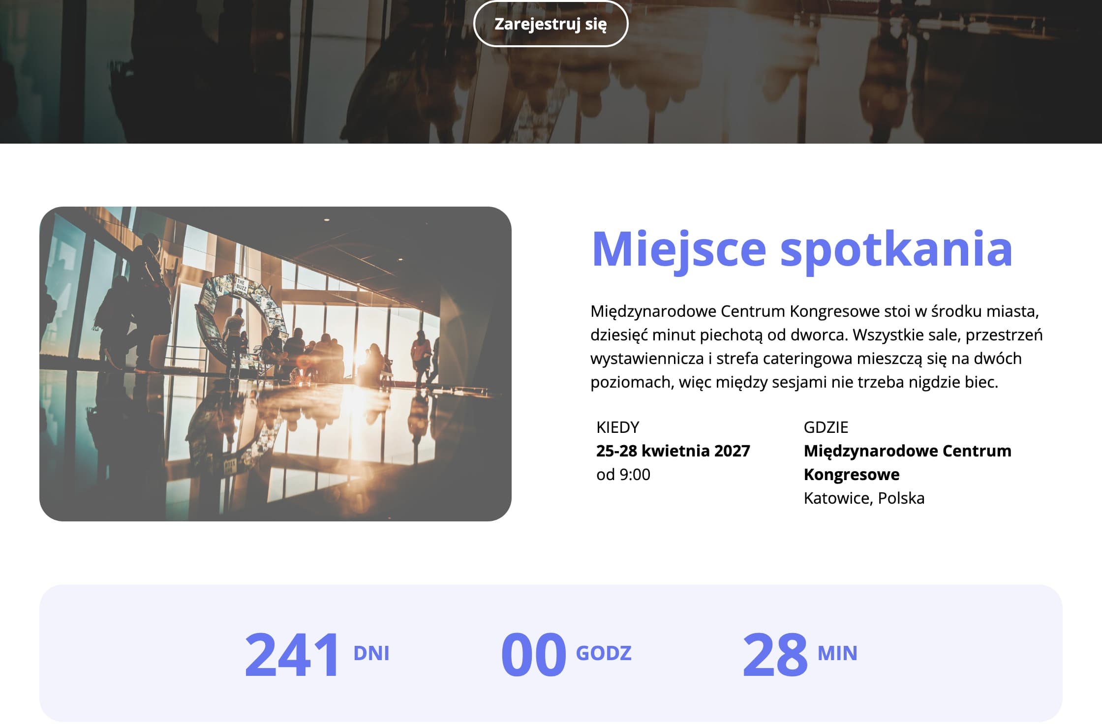 Blok dwukolumnowy w panelu i na stronie wydarzenia (dane fikcyjne)