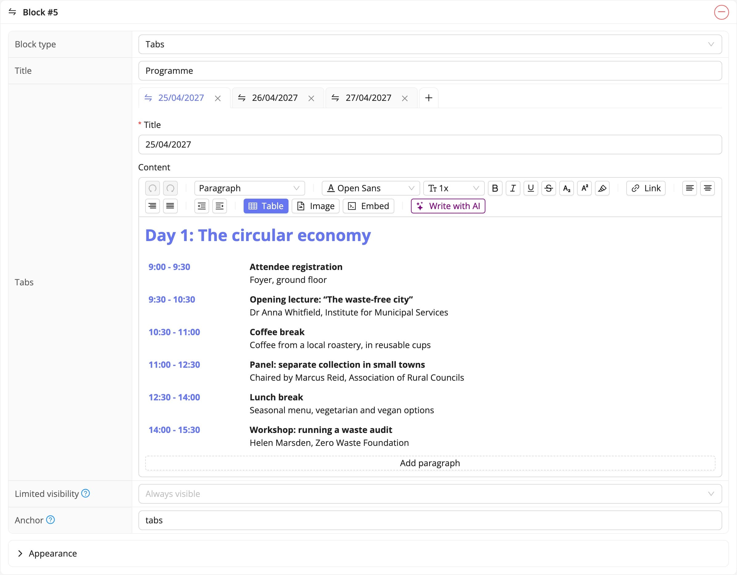 The tabs block in the panel and on the event website (fictional data)