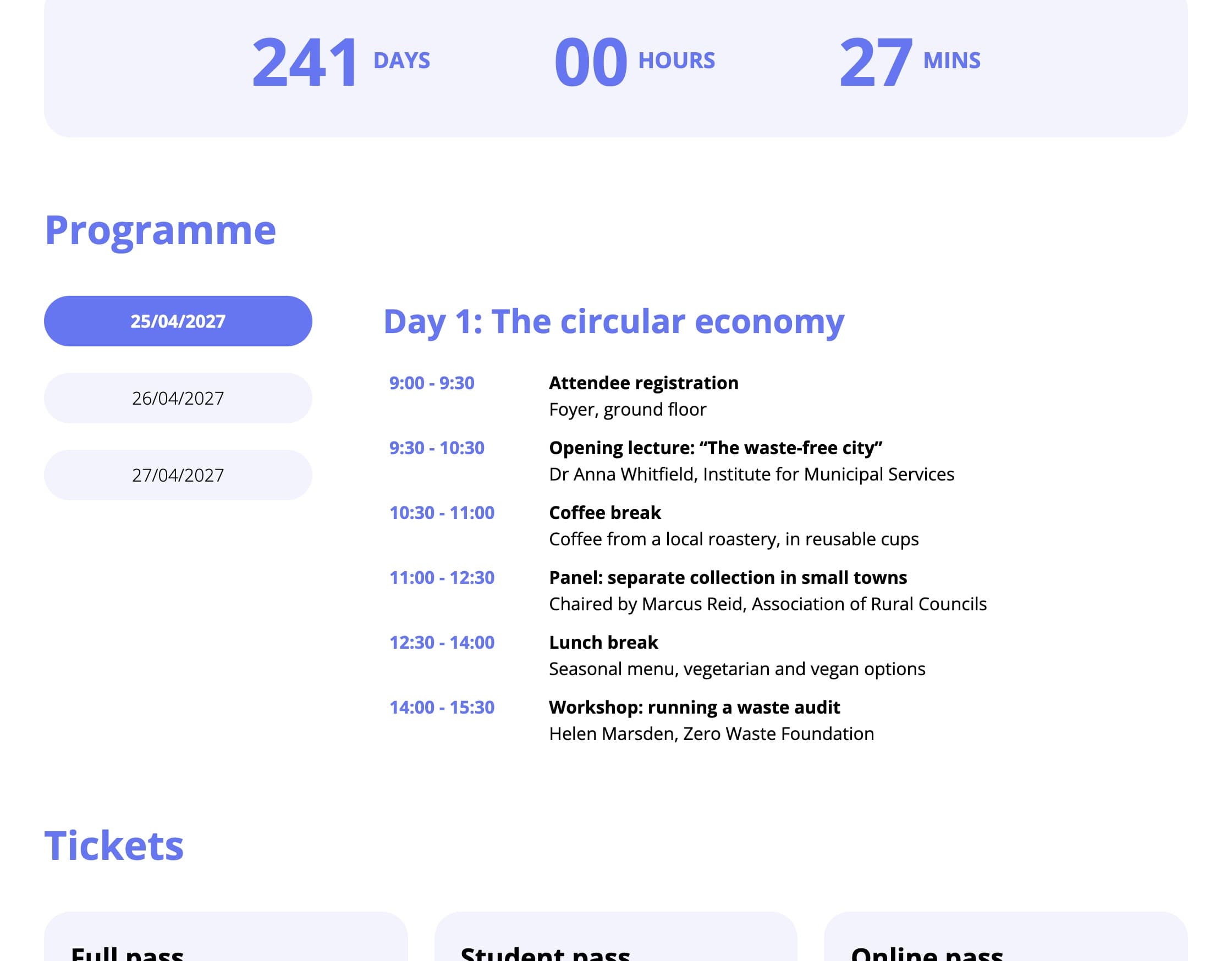 The tabs block in the panel and on the event website (fictional data)