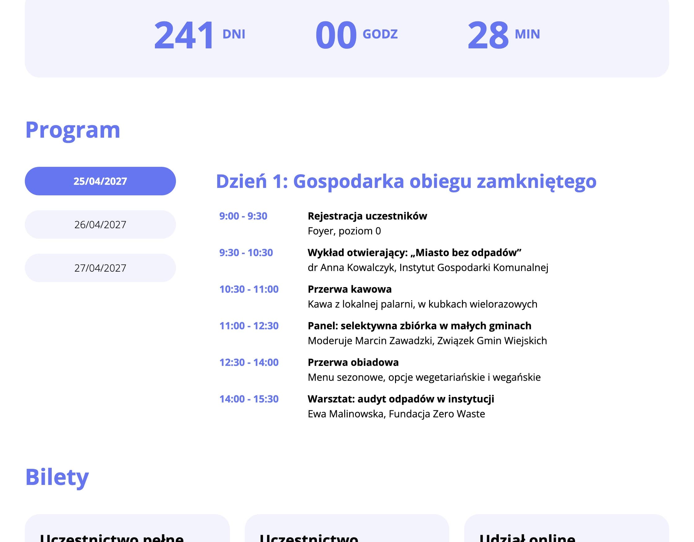 Blok zakładek w panelu i na stronie wydarzenia (dane fikcyjne)