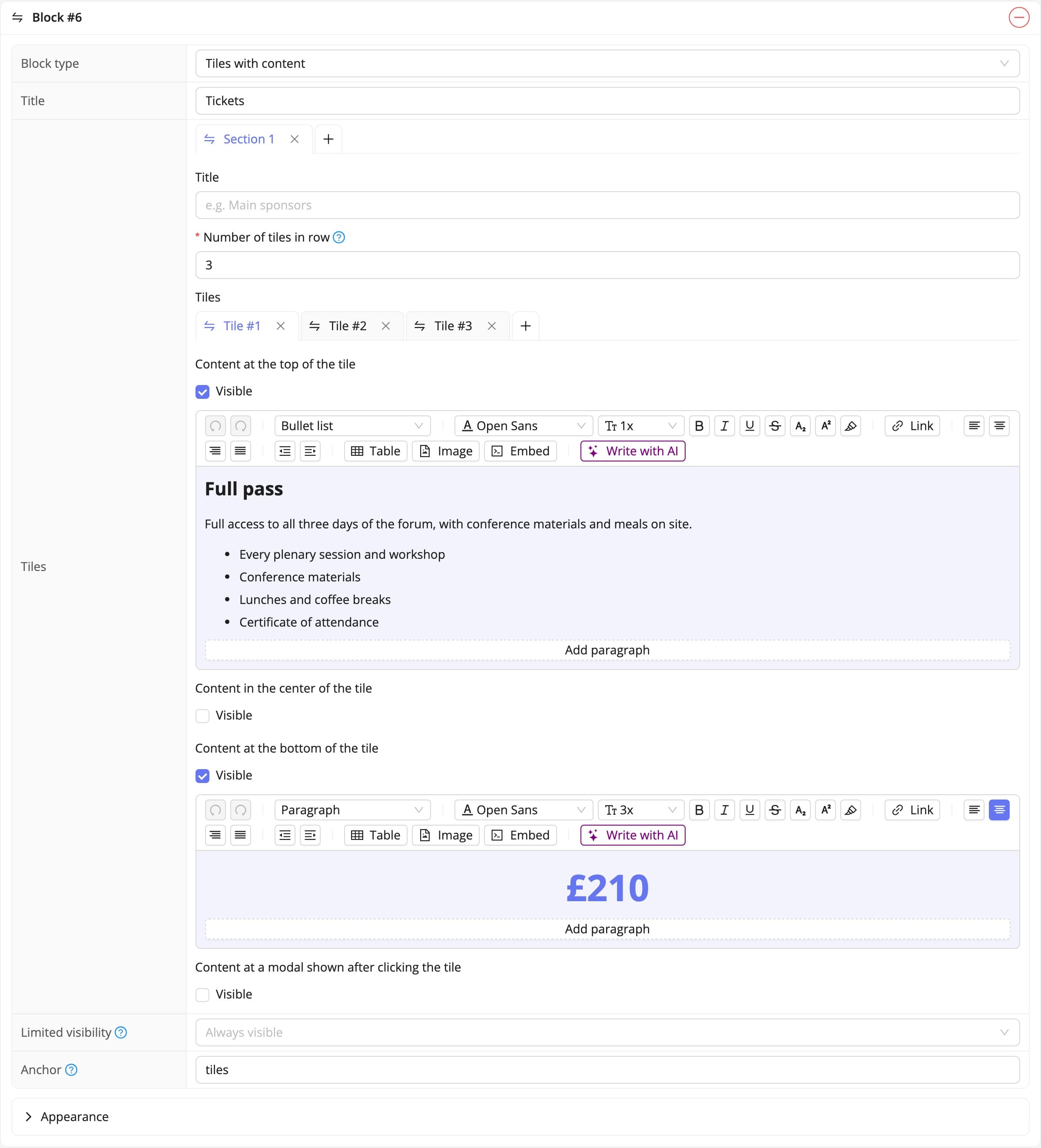 The tiles block in the panel and on the event website (fictional data)