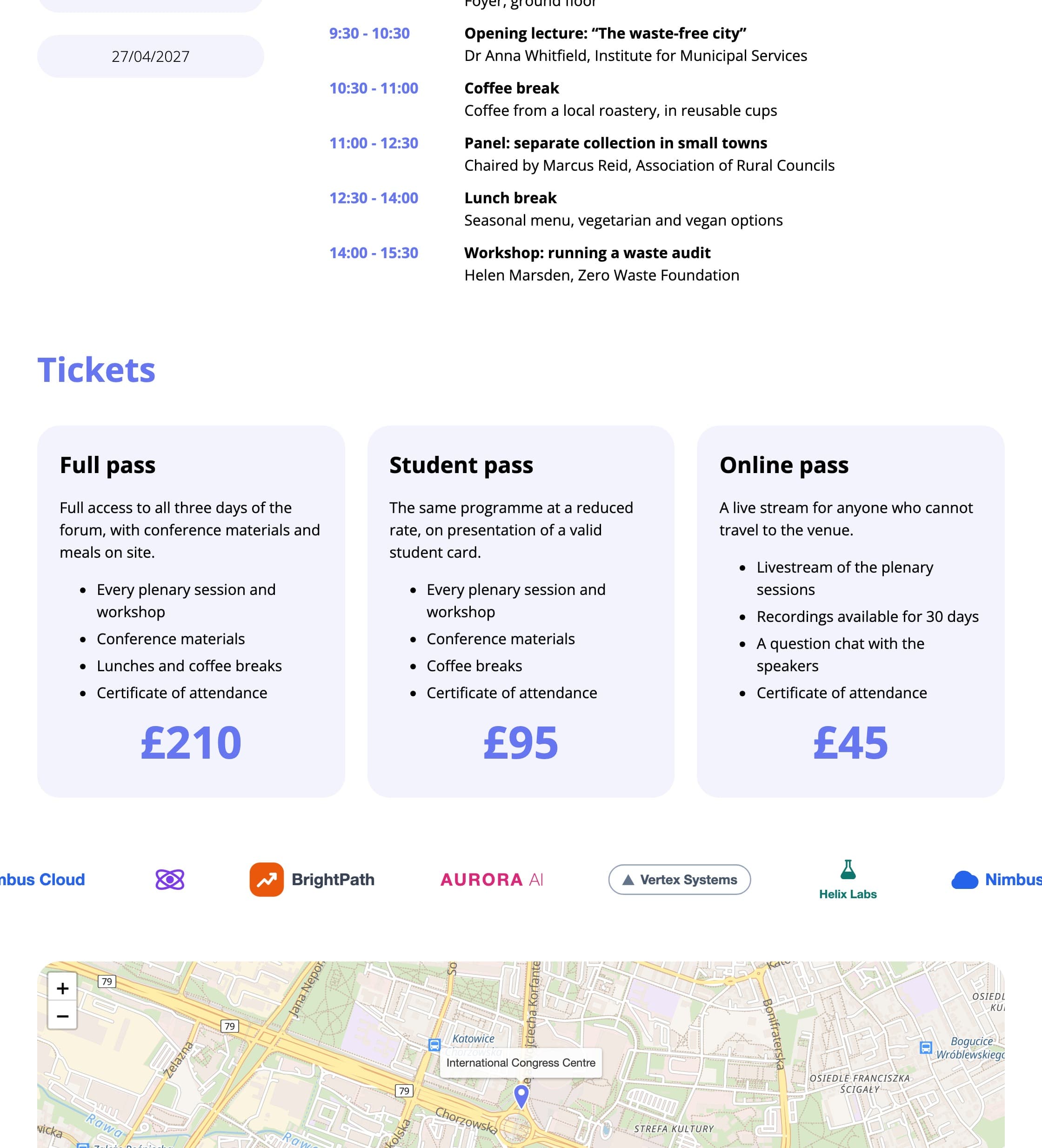 The tiles block in the panel and on the event website (fictional data)