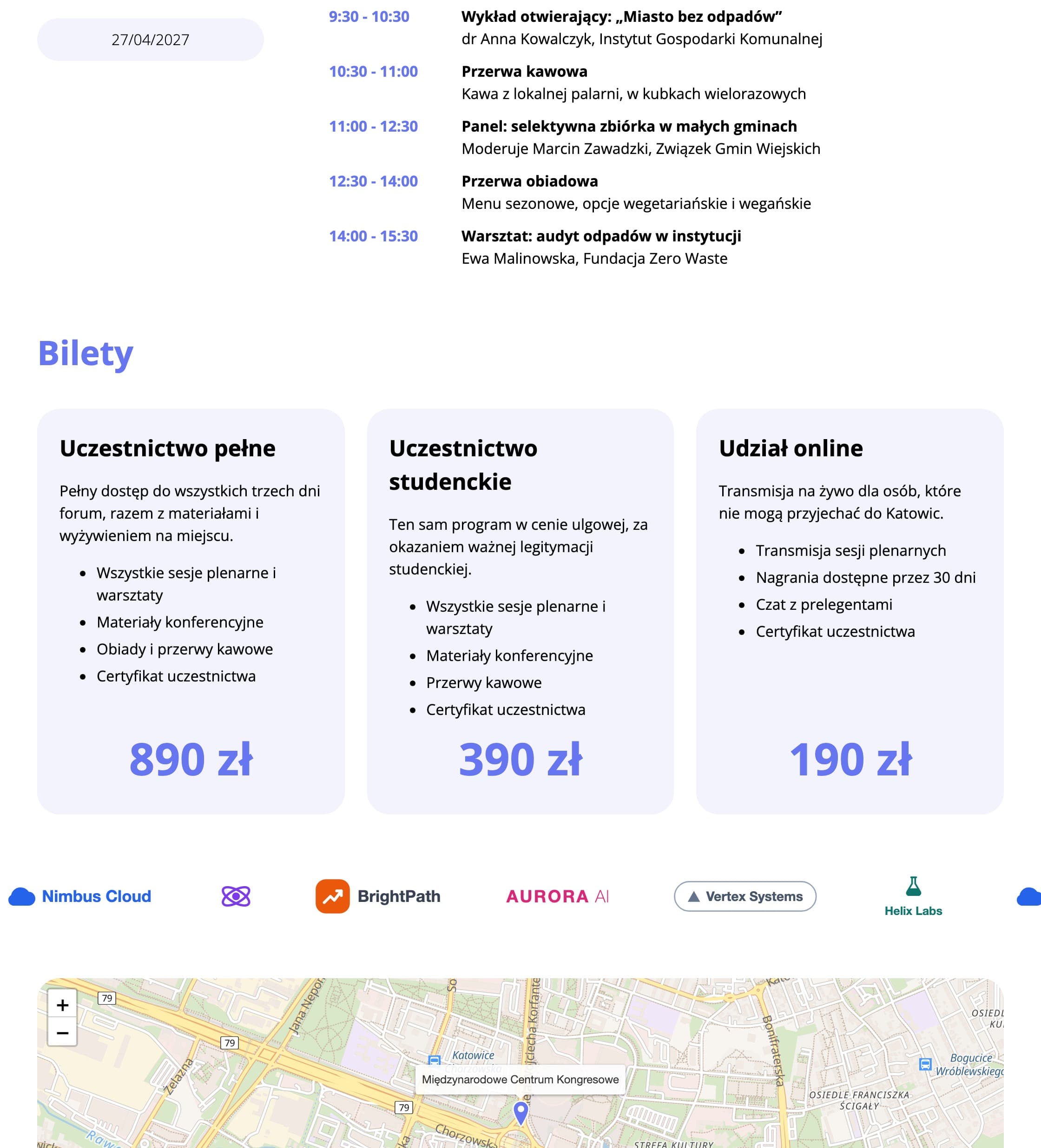 Blok kafelków w panelu i na stronie wydarzenia (dane fikcyjne)
