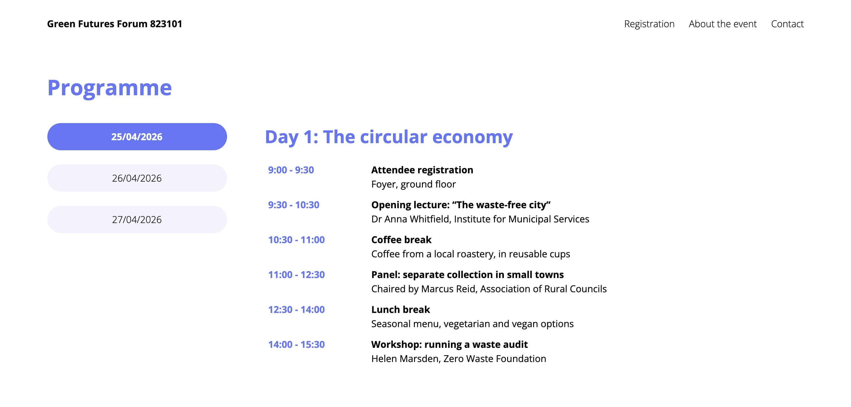 A subpage assembled from ready-made blocks, with the agenda and its day tabs at the top (fictional data)