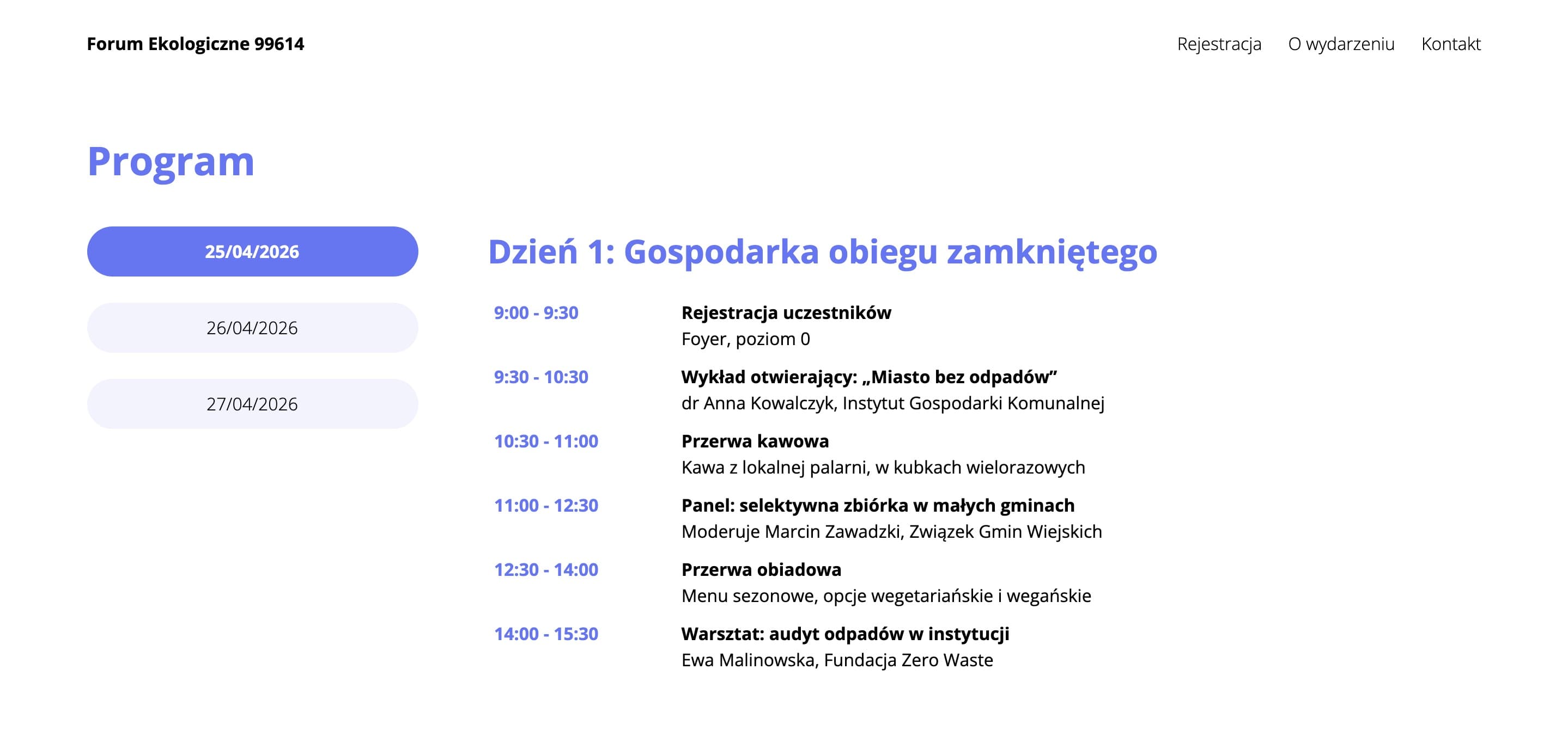 Podstrona złożona z gotowych bloków, u góry agenda z zakładkami dni (dane fikcyjne)