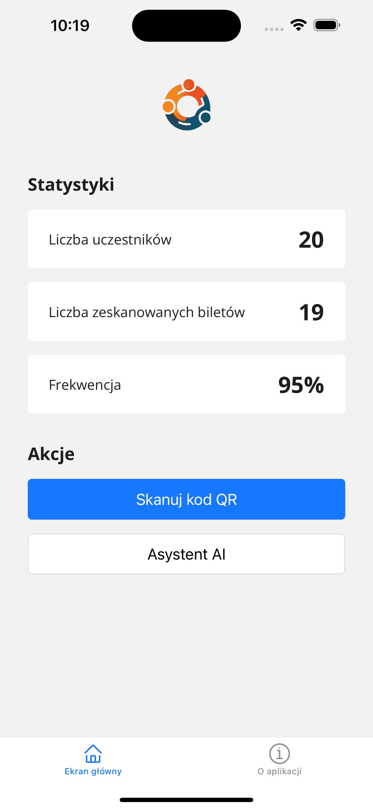 Ekran główny aplikacji ze statystykami wydarzenia (dane fikcyjne)