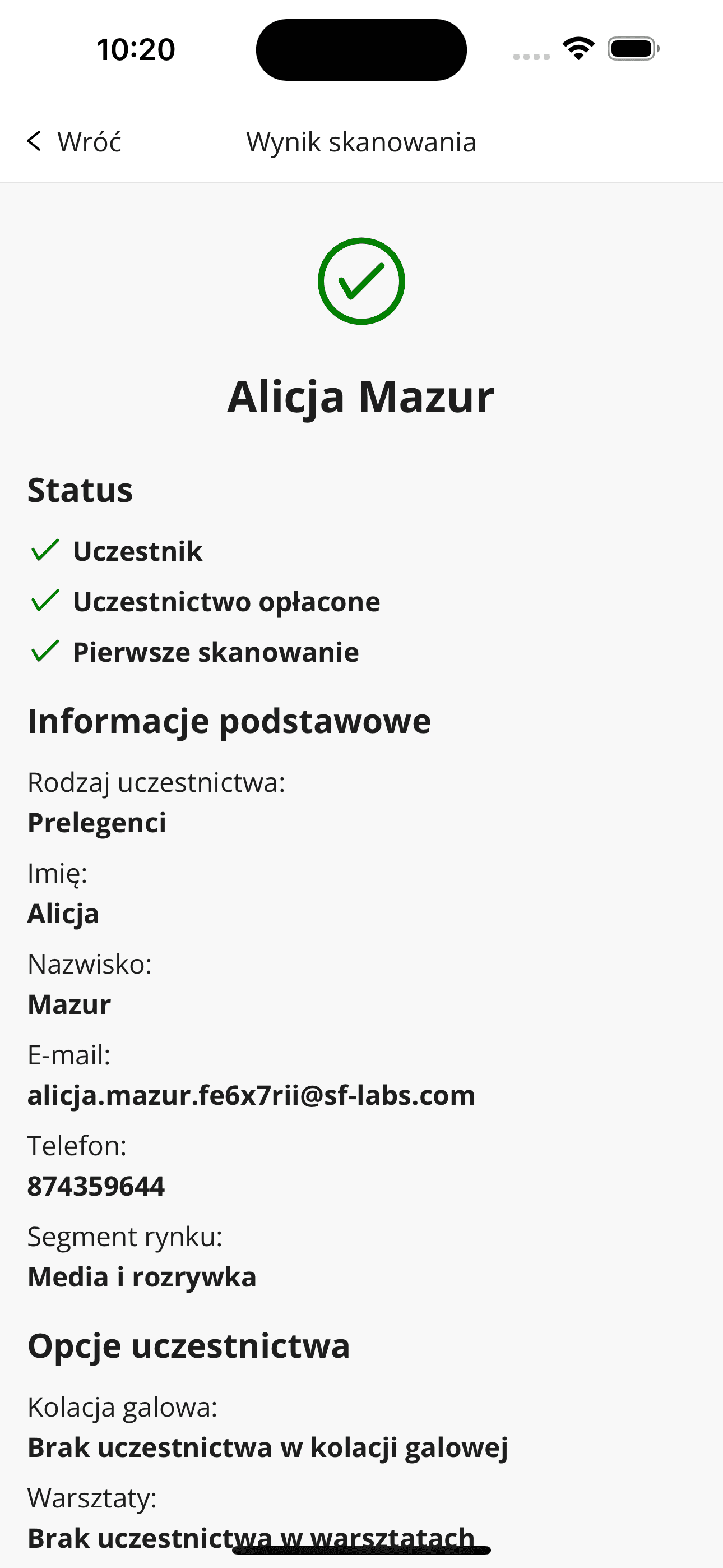 Wynik skanowania biletu w aplikacji mobilnej (dane fikcyjne)