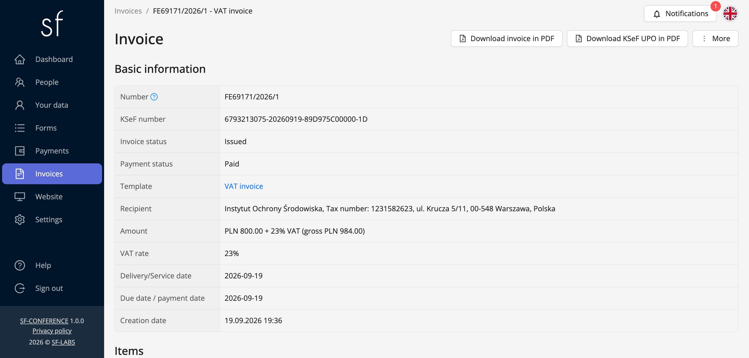An invoice issued in KSeF, with its KSeF number and the UPO download button (fictional data)