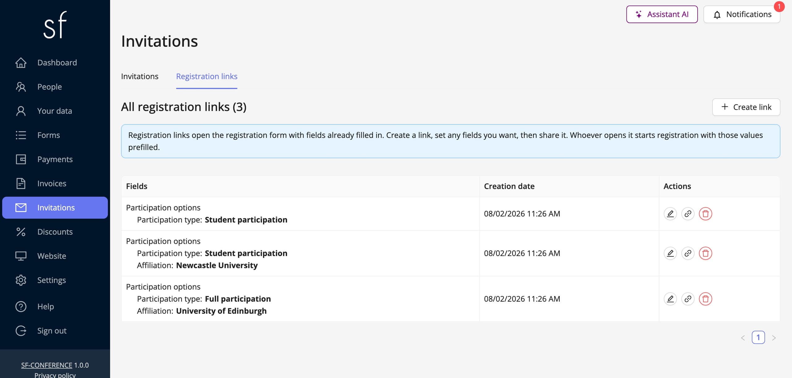 The Registration links tab (fictional data)