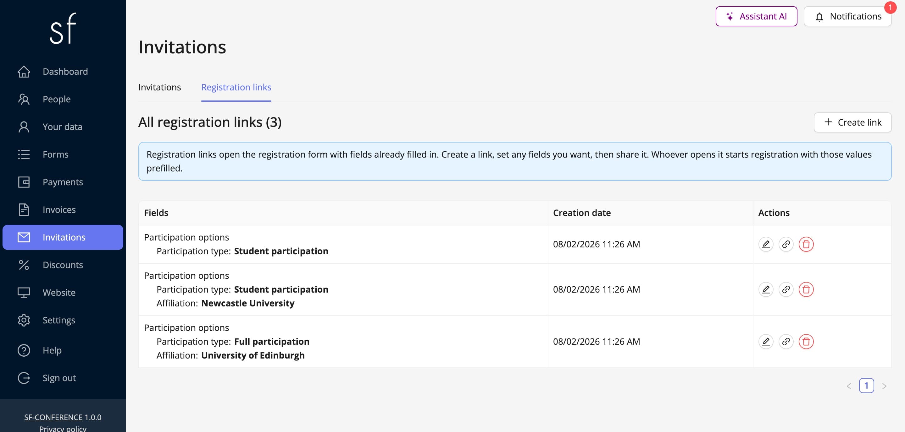 The Registration links tab (fictional data)