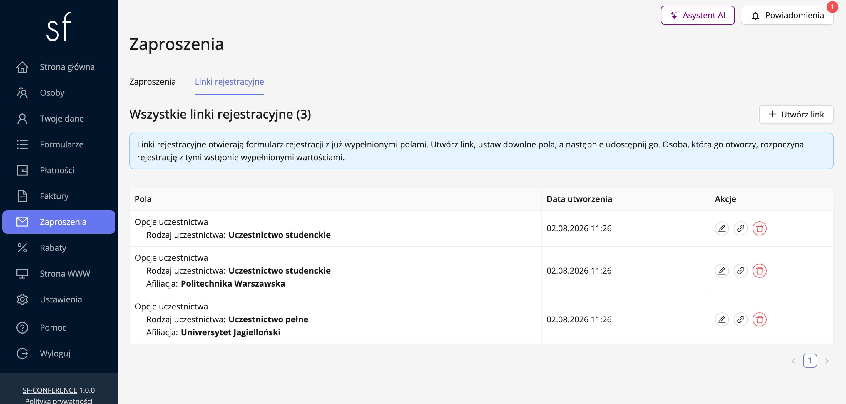 Zakładka Linki rejestracyjne (dane fikcyjne)