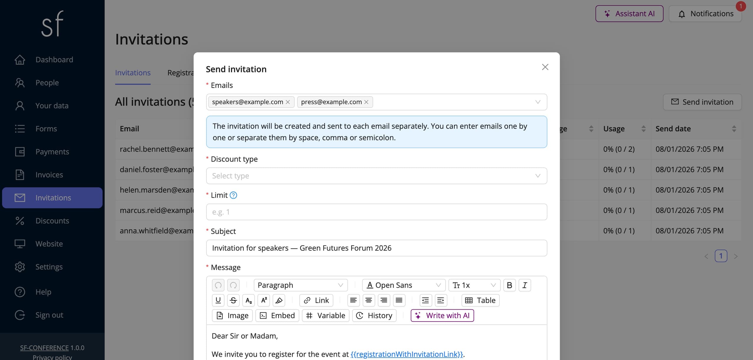The invitation window, with addresses and a discount (fictional data)