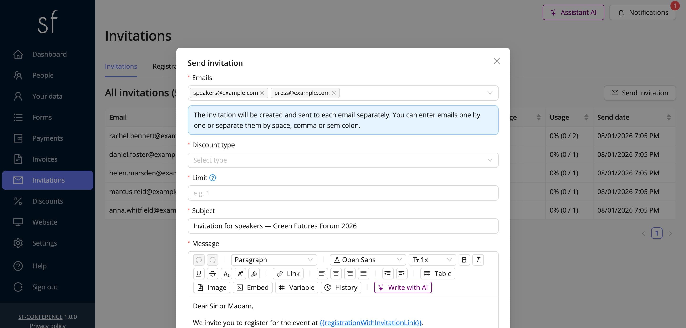The invitation window, with addresses and a discount (fictional data)