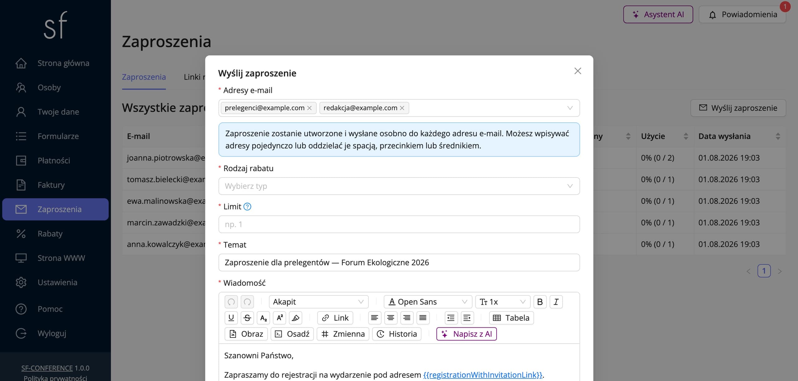 Okno tworzenia zaproszenia z adresami i zniżką (dane fikcyjne)