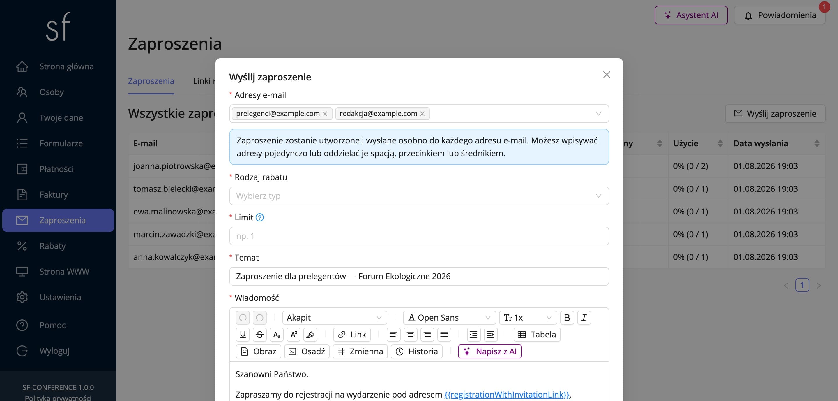Okno tworzenia zaproszenia z adresami i zniżką (dane fikcyjne)