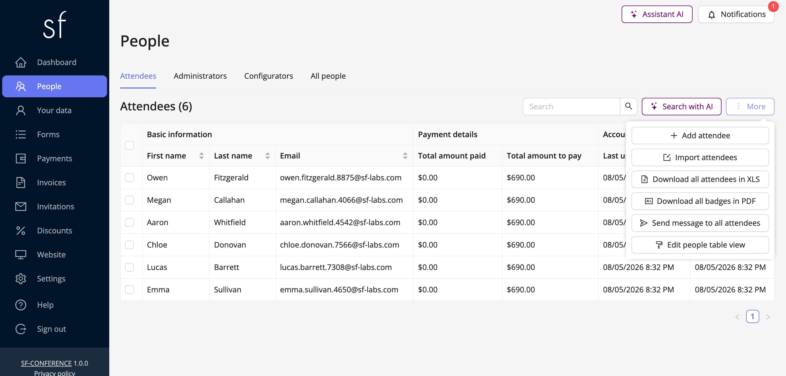 Downloading all badges in one PDF from the people list (fictional data)