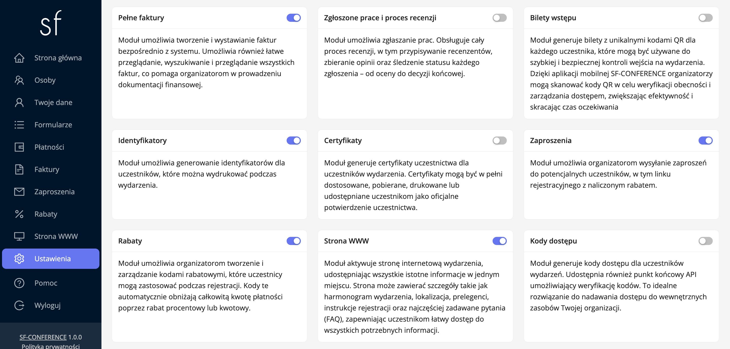 Karta modułu identyfikatorów w zakładce Moduły (dane fikcyjne)