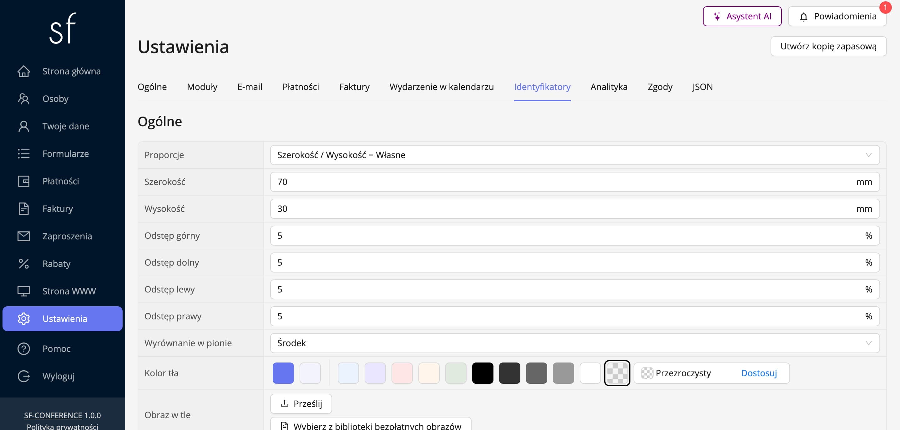 Format identyfikatora: wymiary, odstępy i tło (dane fikcyjne)