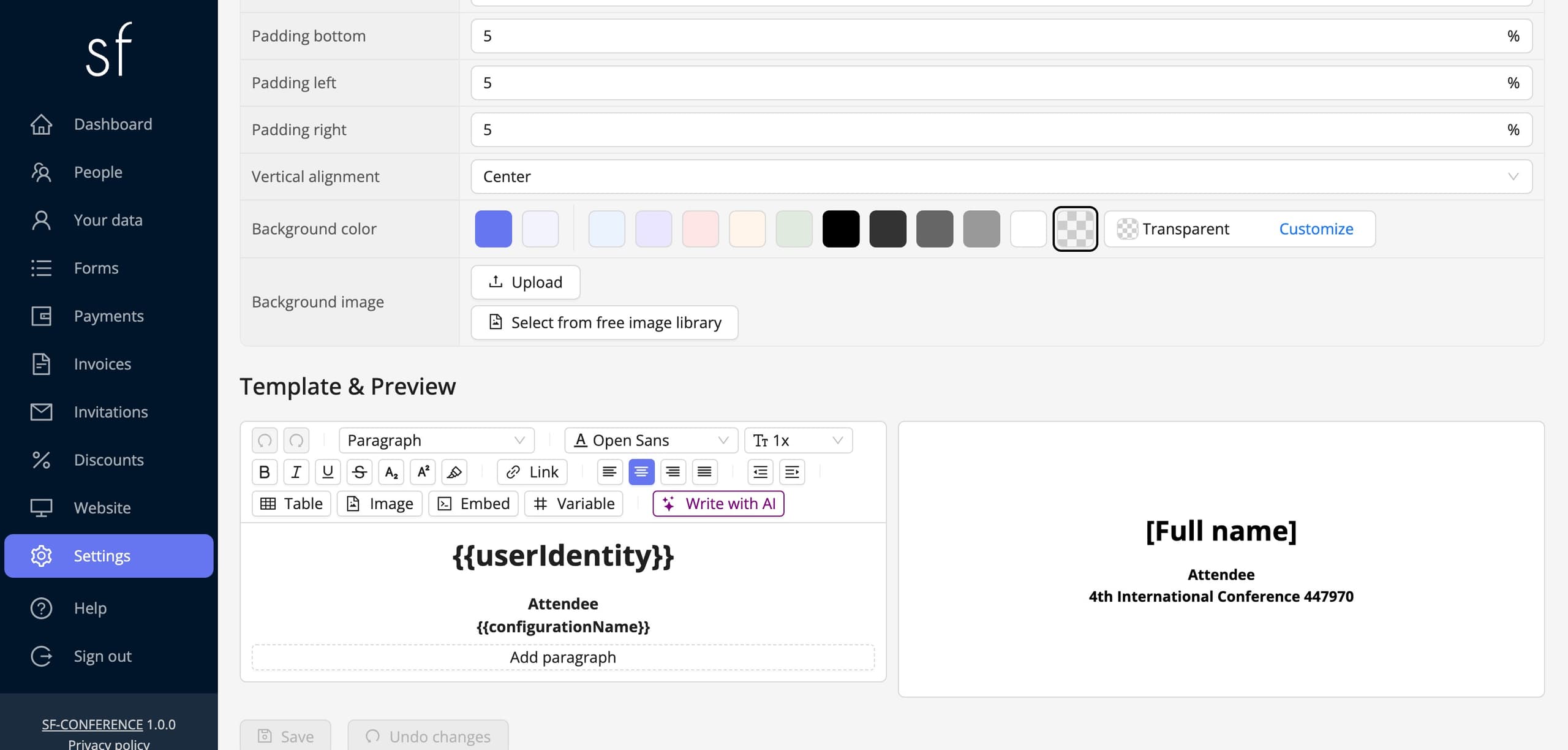 The badge template with its live preview (fictional data)