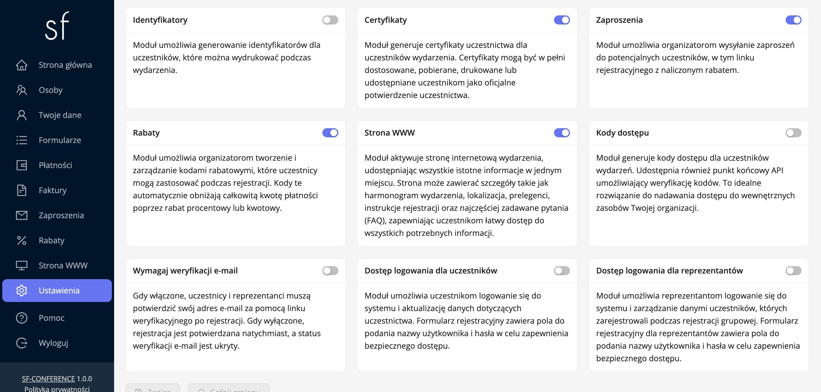 Karta modułu certyfikatów w zakładce Moduły (dane fikcyjne)
