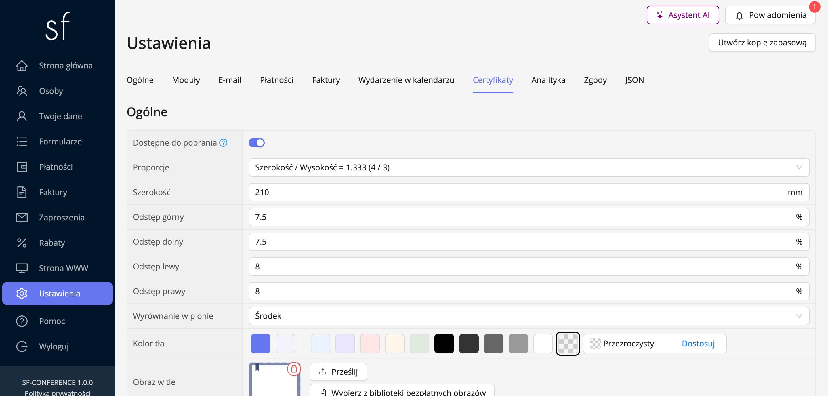 Ustawienia ogólne certyfikatu: pobieranie, format i tło (dane fikcyjne)