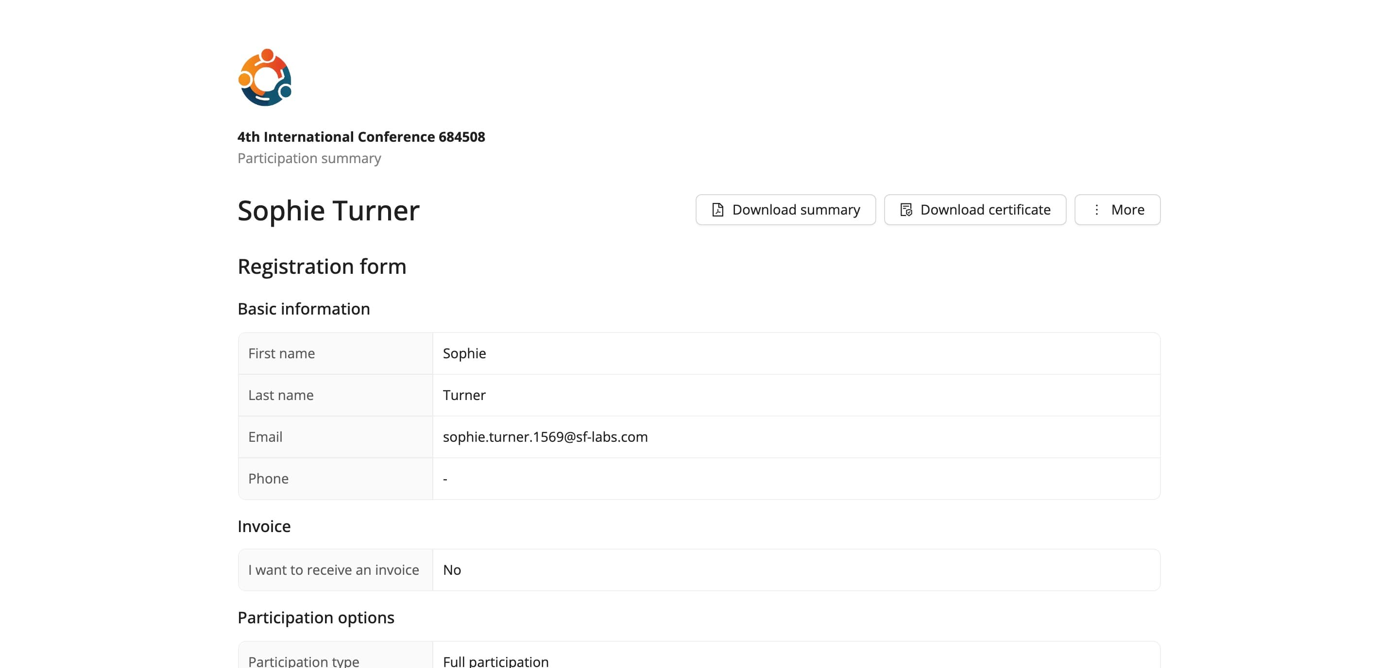 The participation summary page with the certificate download button (fictional data)