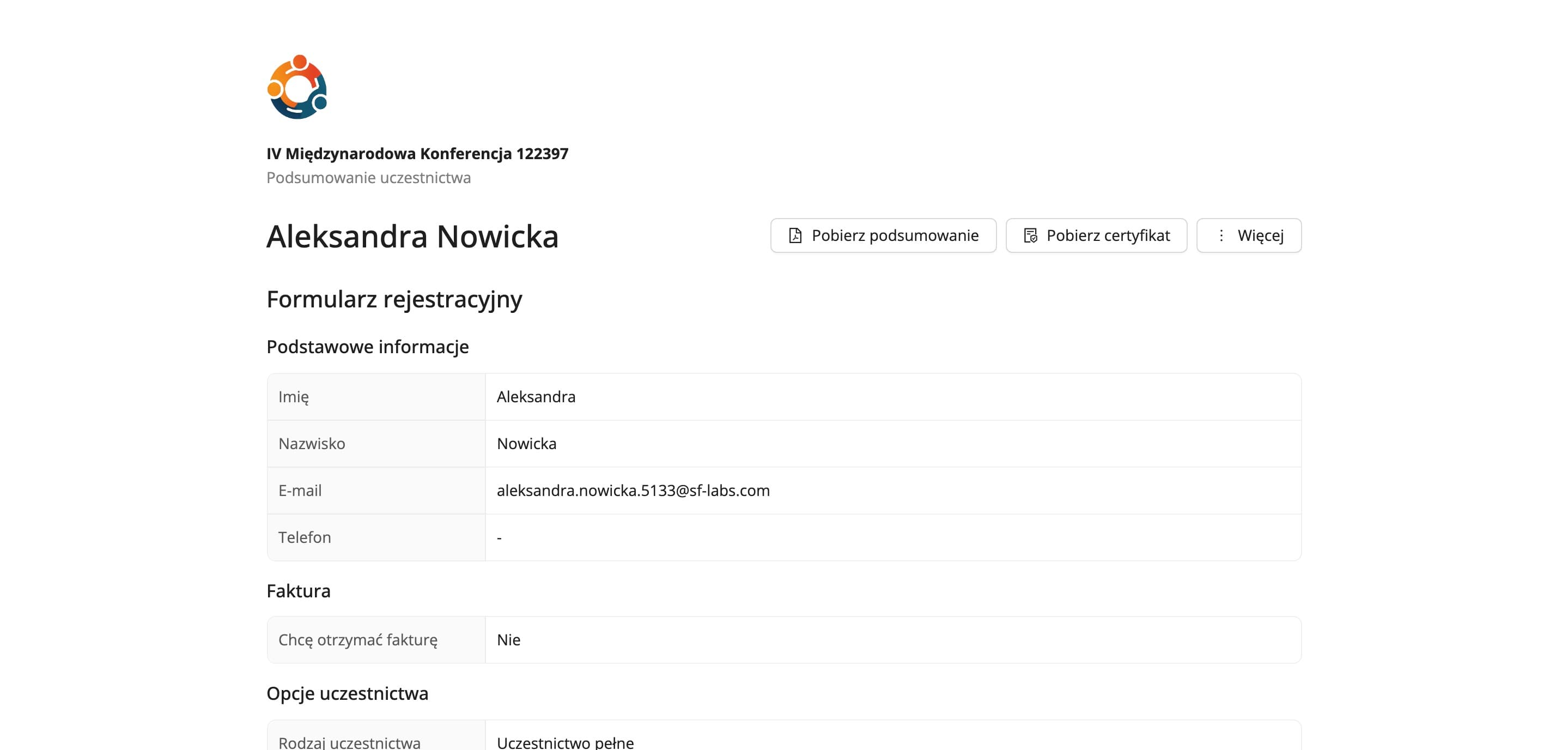 Strona podsumowania uczestnictwa z przyciskiem pobrania certyfikatu (dane fikcyjne)
