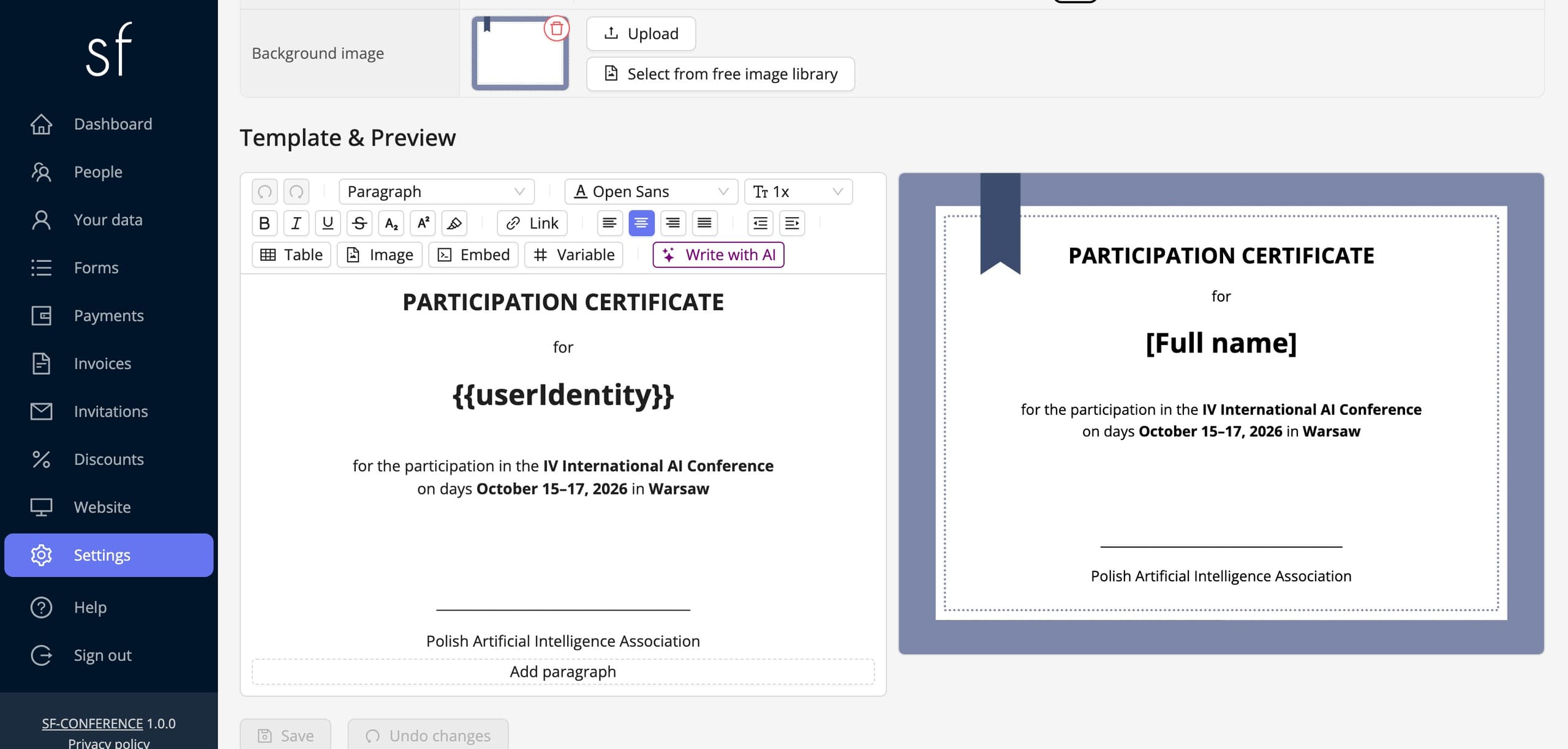 The certificate template with its live preview (fictional data)