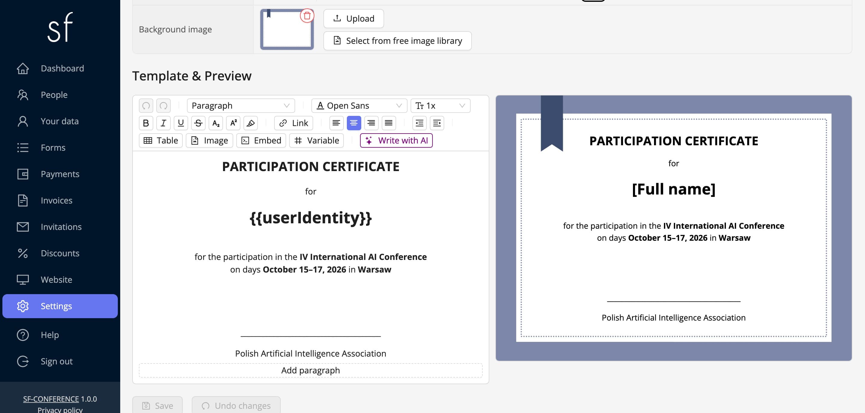The certificate template with its live preview (fictional data)