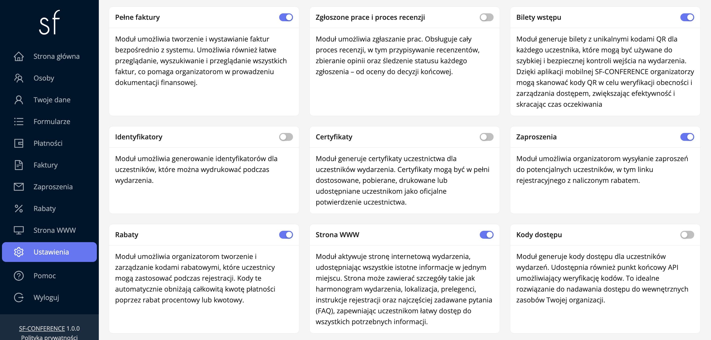 Karta modułu biletów wstępu w zakładce Moduły (dane fikcyjne)