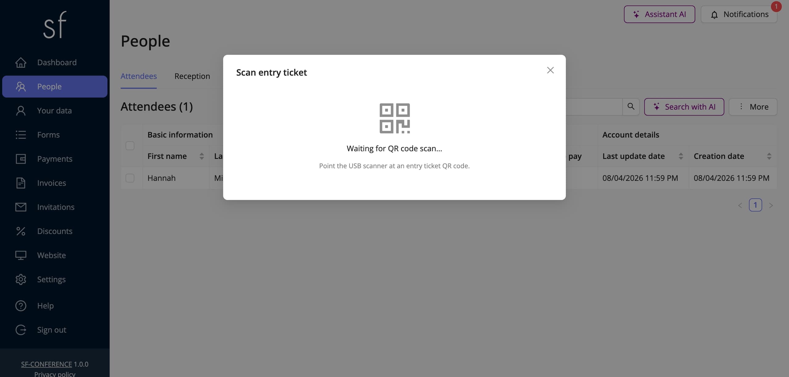 The scan window waiting for a QR code (fictional data)