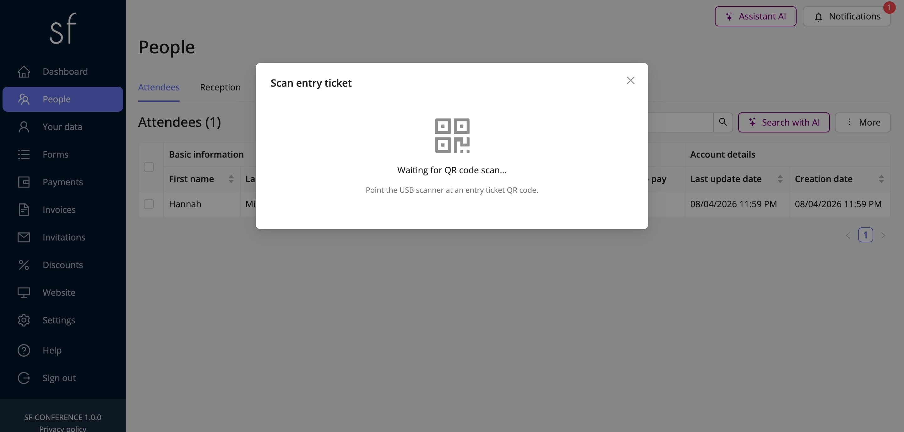 The scan window waiting for a QR code (fictional data)