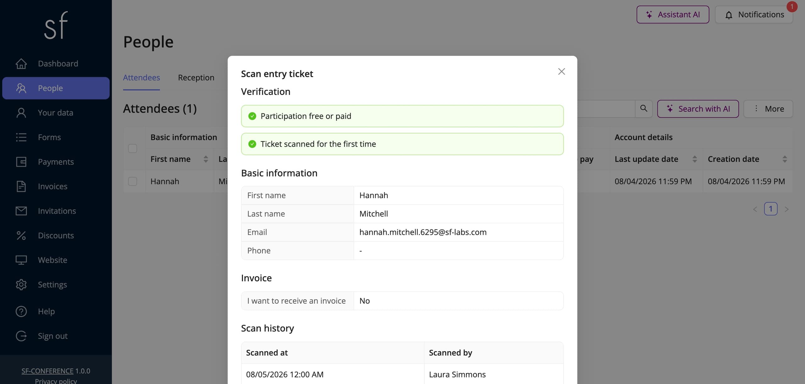 The verification after a ticket scan with the scan history (fictional data)