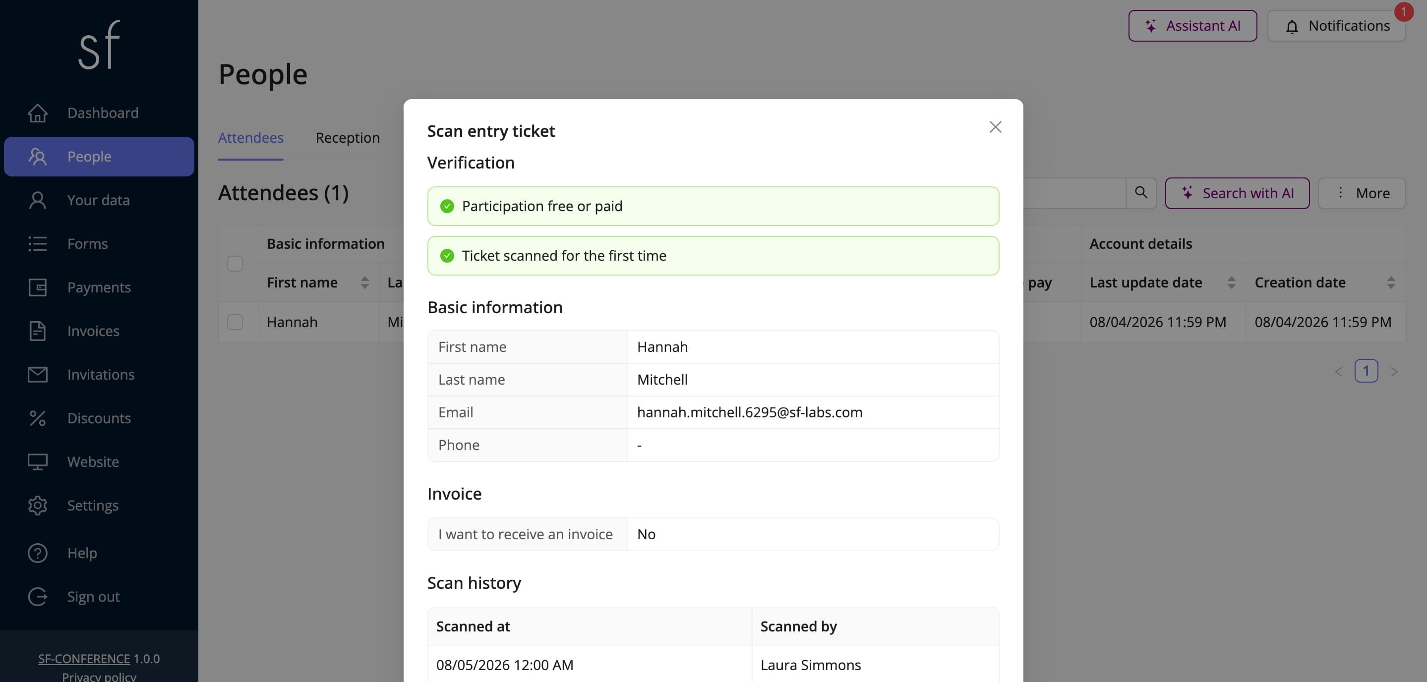 The verification after a ticket scan with the scan history (fictional data)