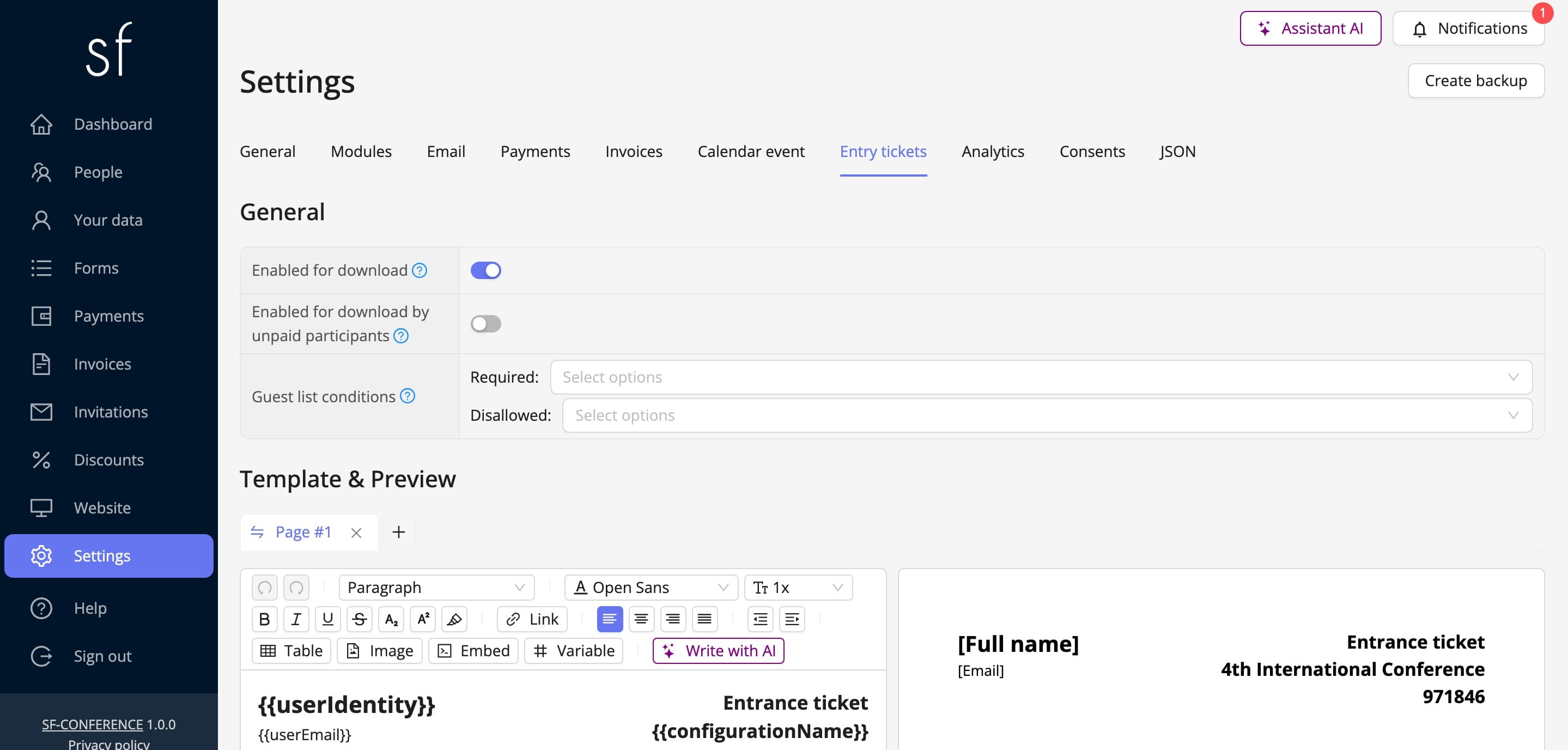 The entry tickets' general settings with the guest list conditions (fictional data)