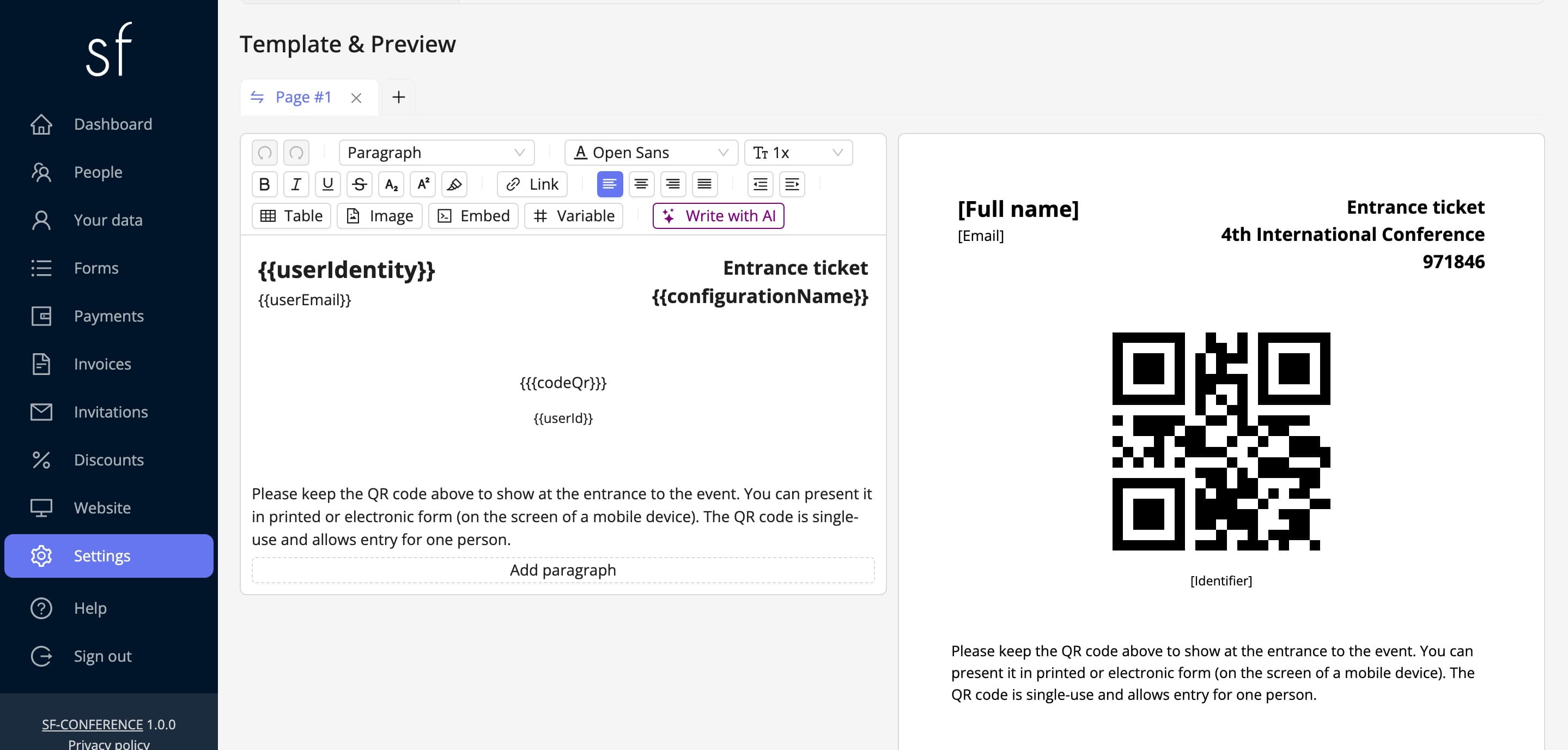 The entry ticket template with its live preview (fictional data)
